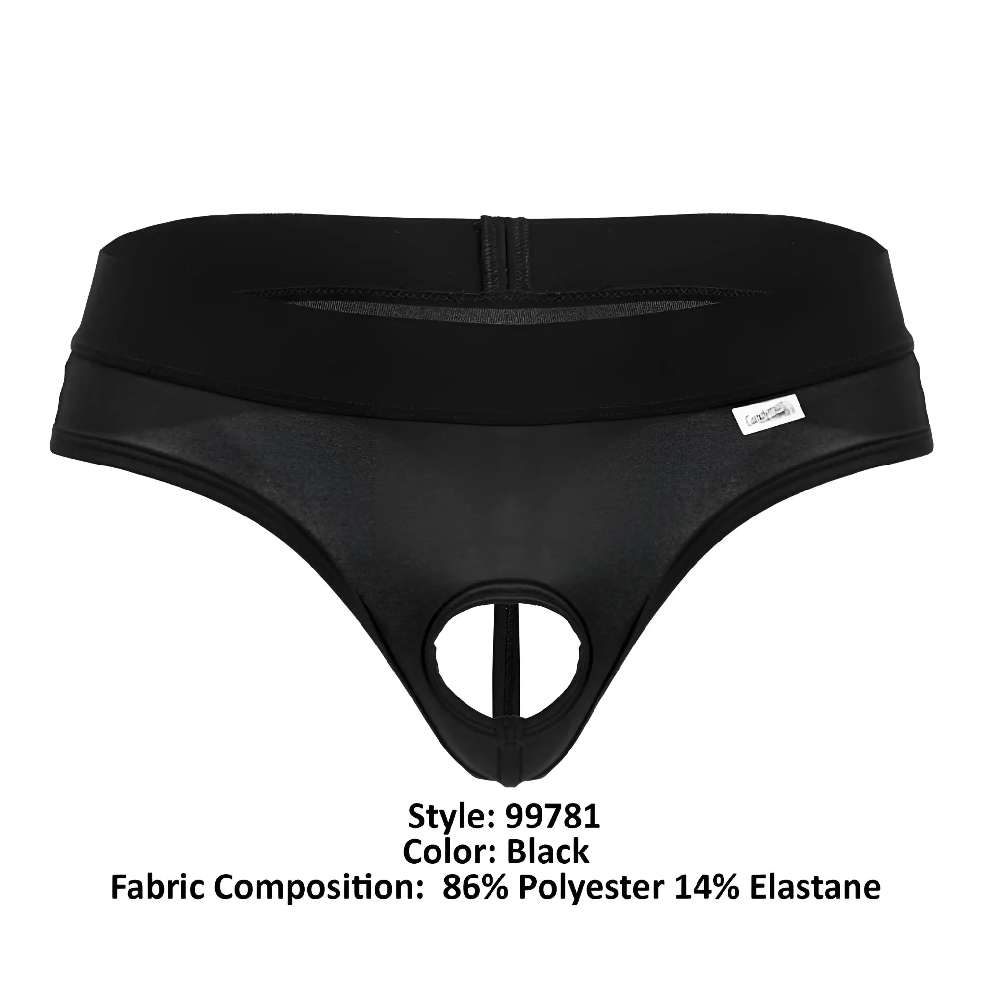 CandyMan 99781 Protuder black thong for men with central cutout elastic waistband made from 86 polyester 14 elastane