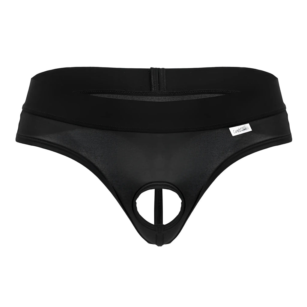 Black candyman 99781 protuder thong with zipper closure and mesh paneling showing the back side of the product