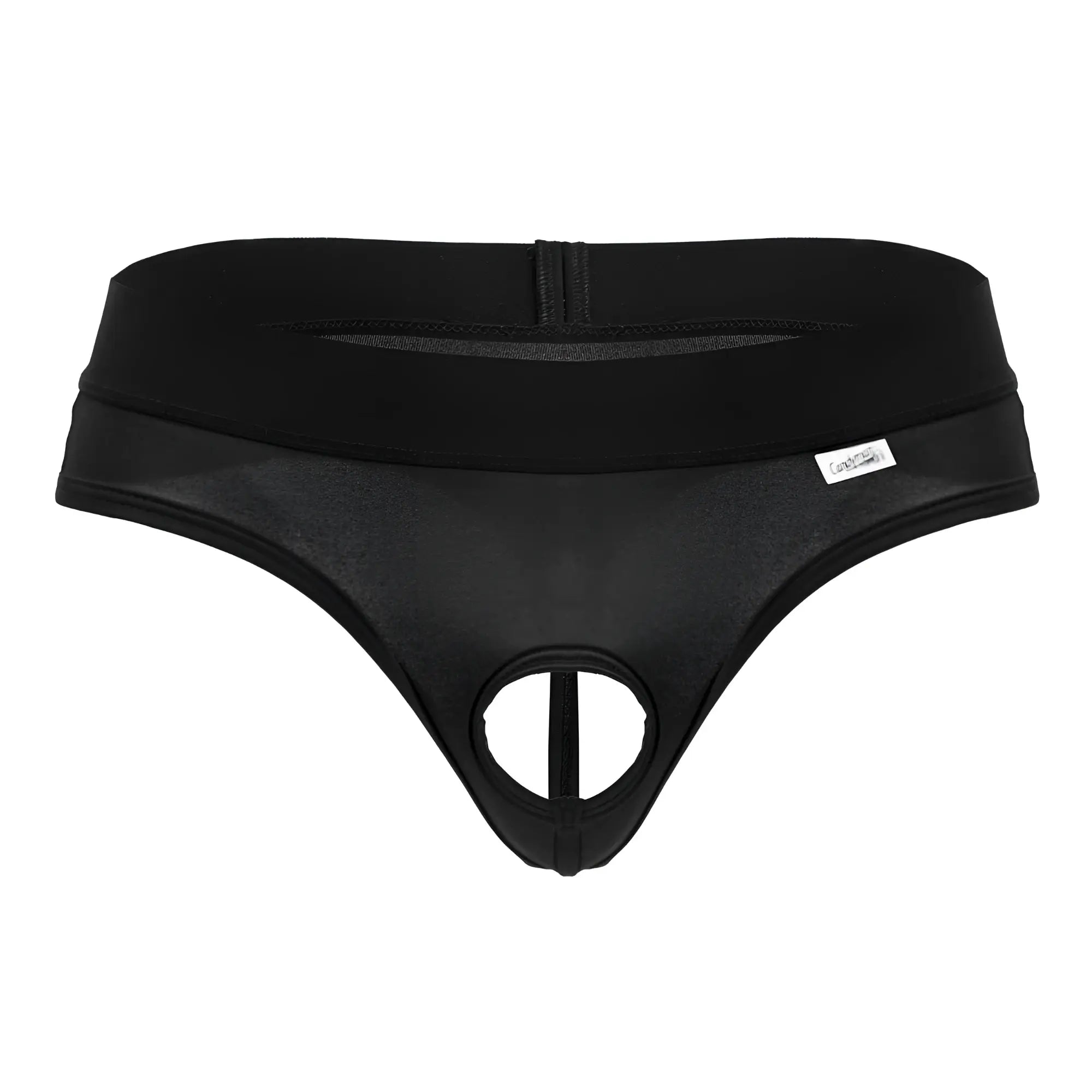 Black candyman 99781 protuder thong with zipper closure and mesh paneling showing the back side of the product