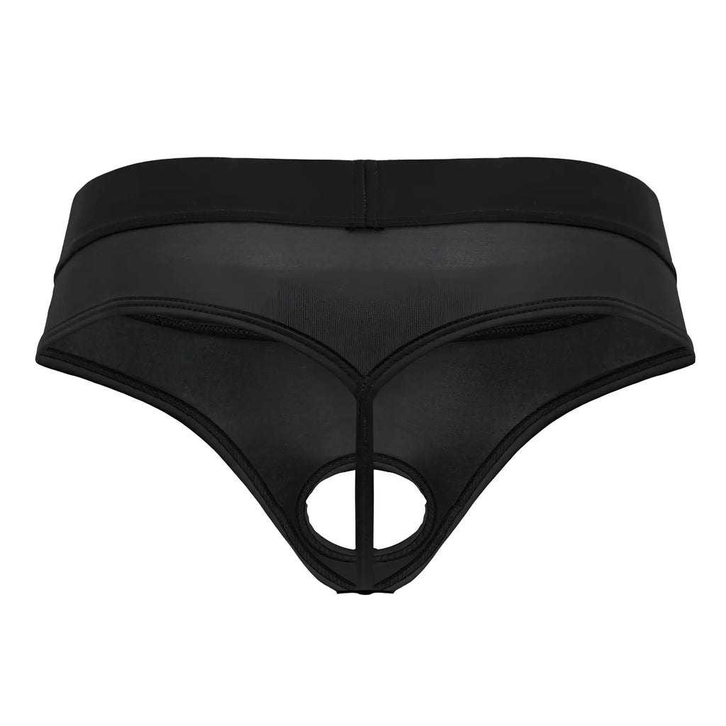 Black mesh thong candyMan 99781 protuder thongs with central cutout and elastic waistband in black