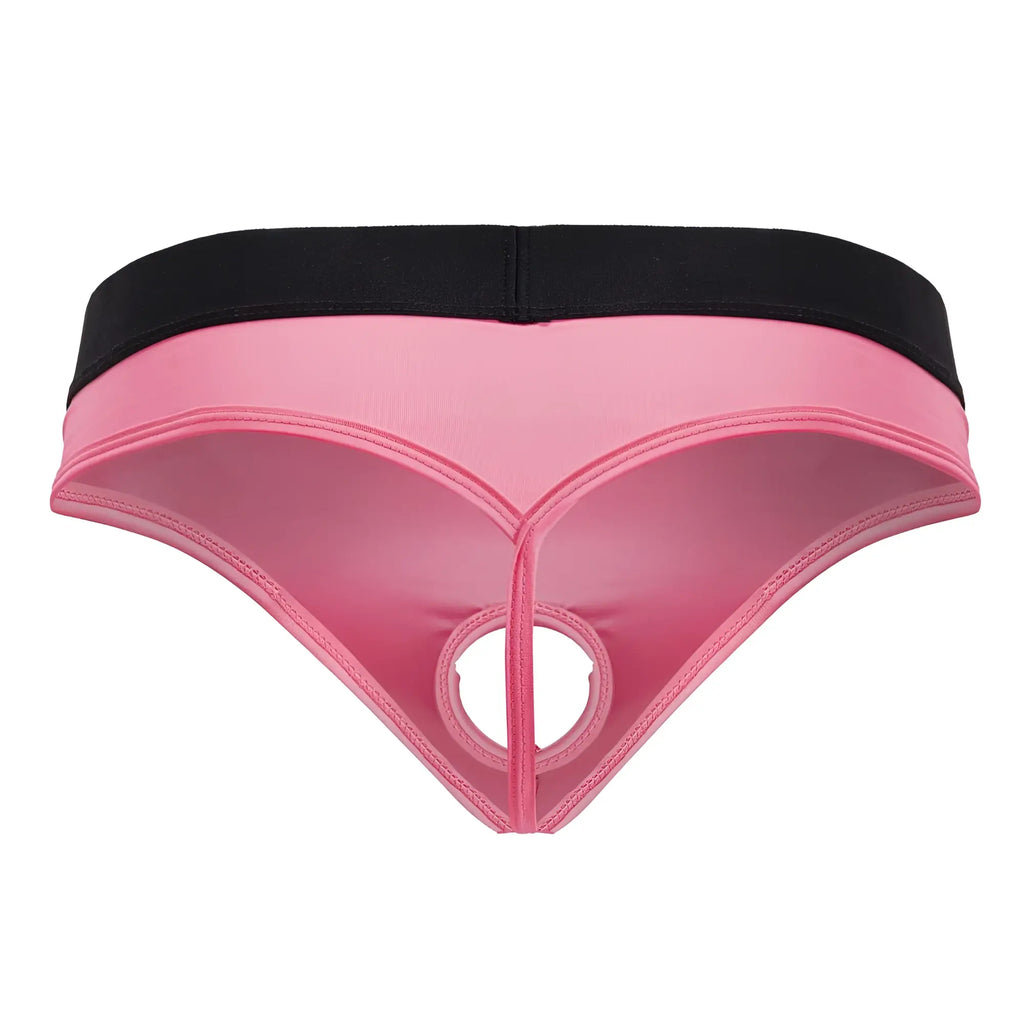 Pink and black CandyMan 99781 Protuder thong with a central circular cutout in front panel for bold style