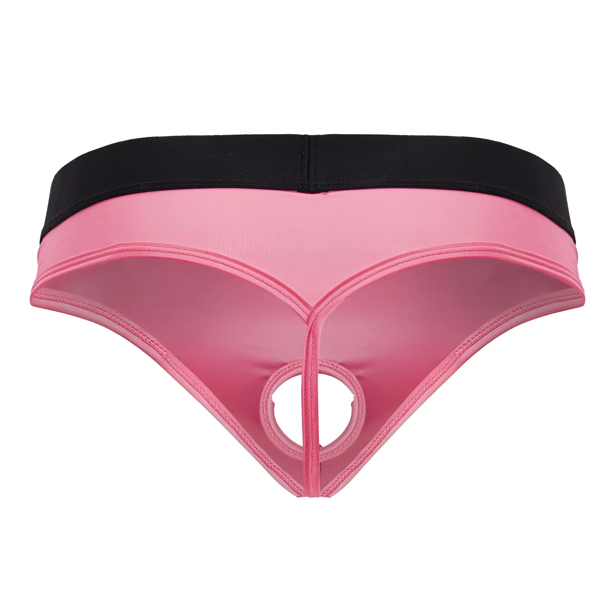 Pink and black CandyMan 99781 Protuder thong with a central circular cutout in front panel for bold style
