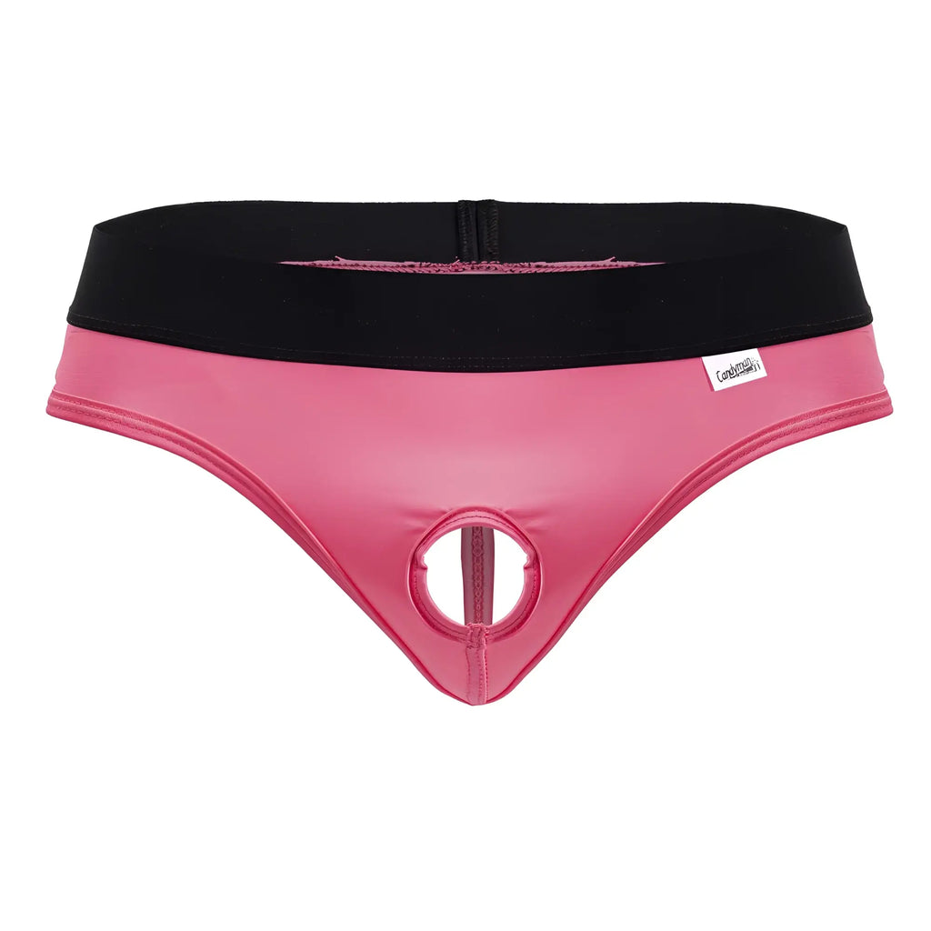 Pink latex thong candyMan 99781 protuder thongs with black elastic waistband and central circular cutout