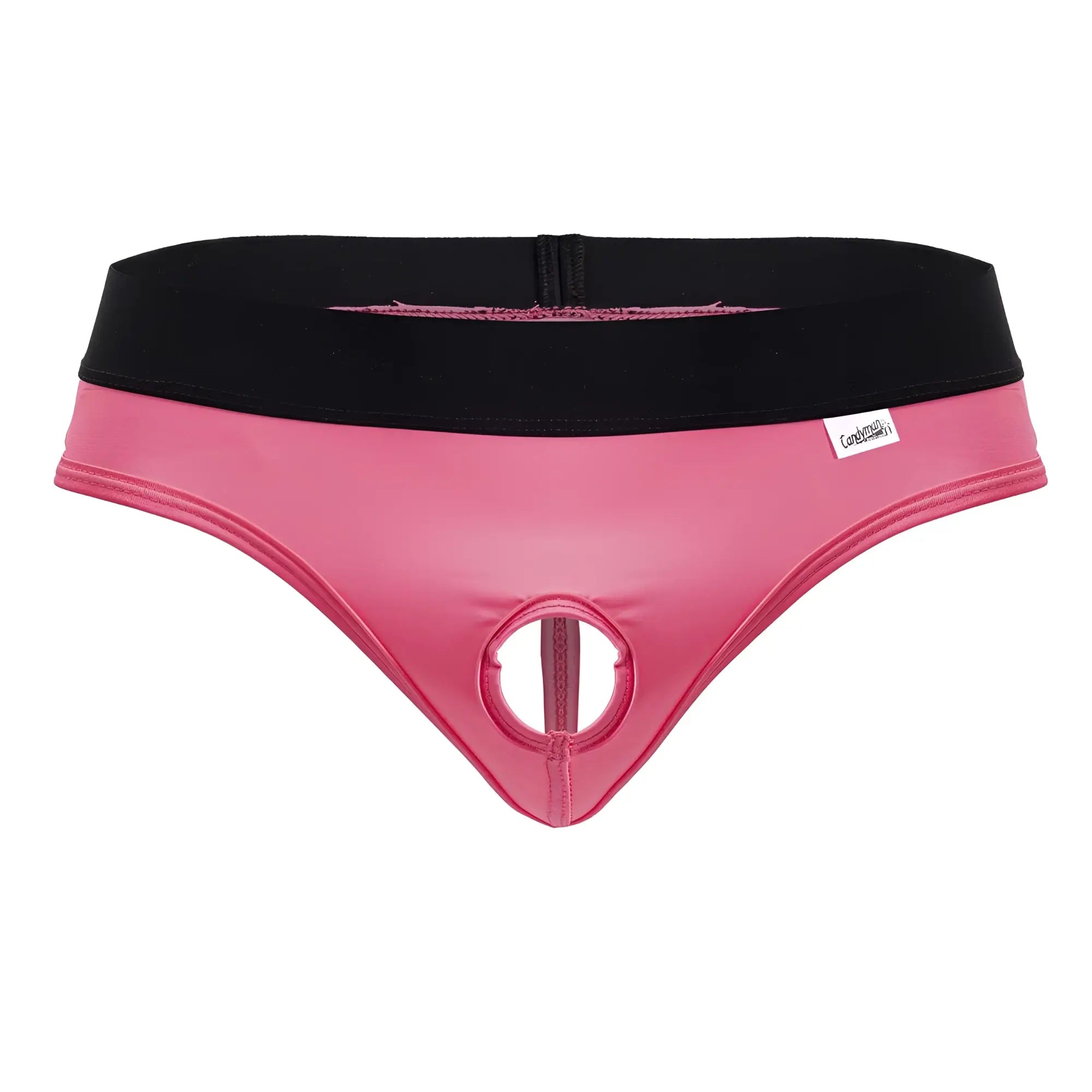 Pink latex thong candyMan 99781 protuder thongs with black elastic waistband and central circular cutout