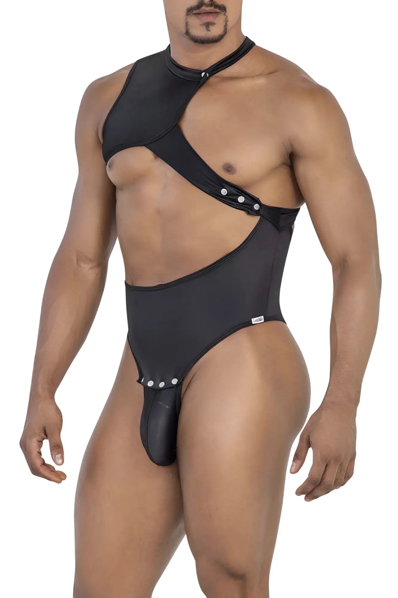CandyMan 99783 black one shoulder bodysuit with asymmetrical cut and silver button accents in form-fitting design