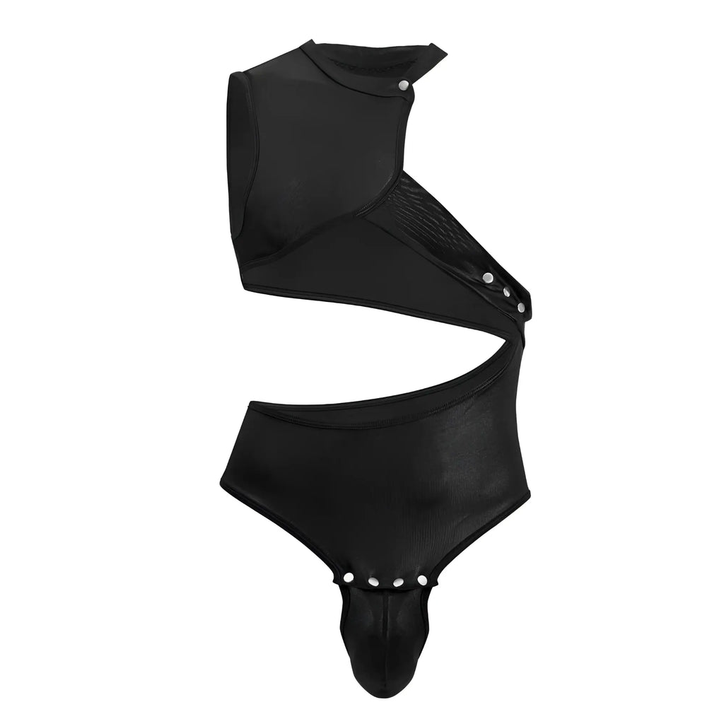 Black faux leather one piece candyMan 99783 bodysuit with asymmetrical design snap closures and cut out detail