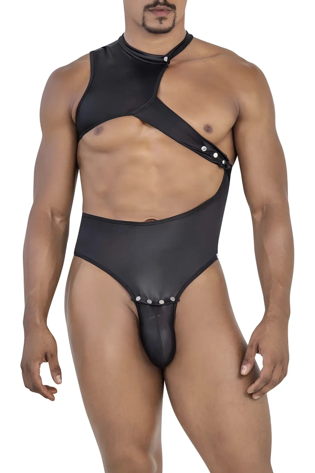 CandyMan 99783 black glossy faux leather bodysuit with high neckline and asymmetrical cutouts with silver studs