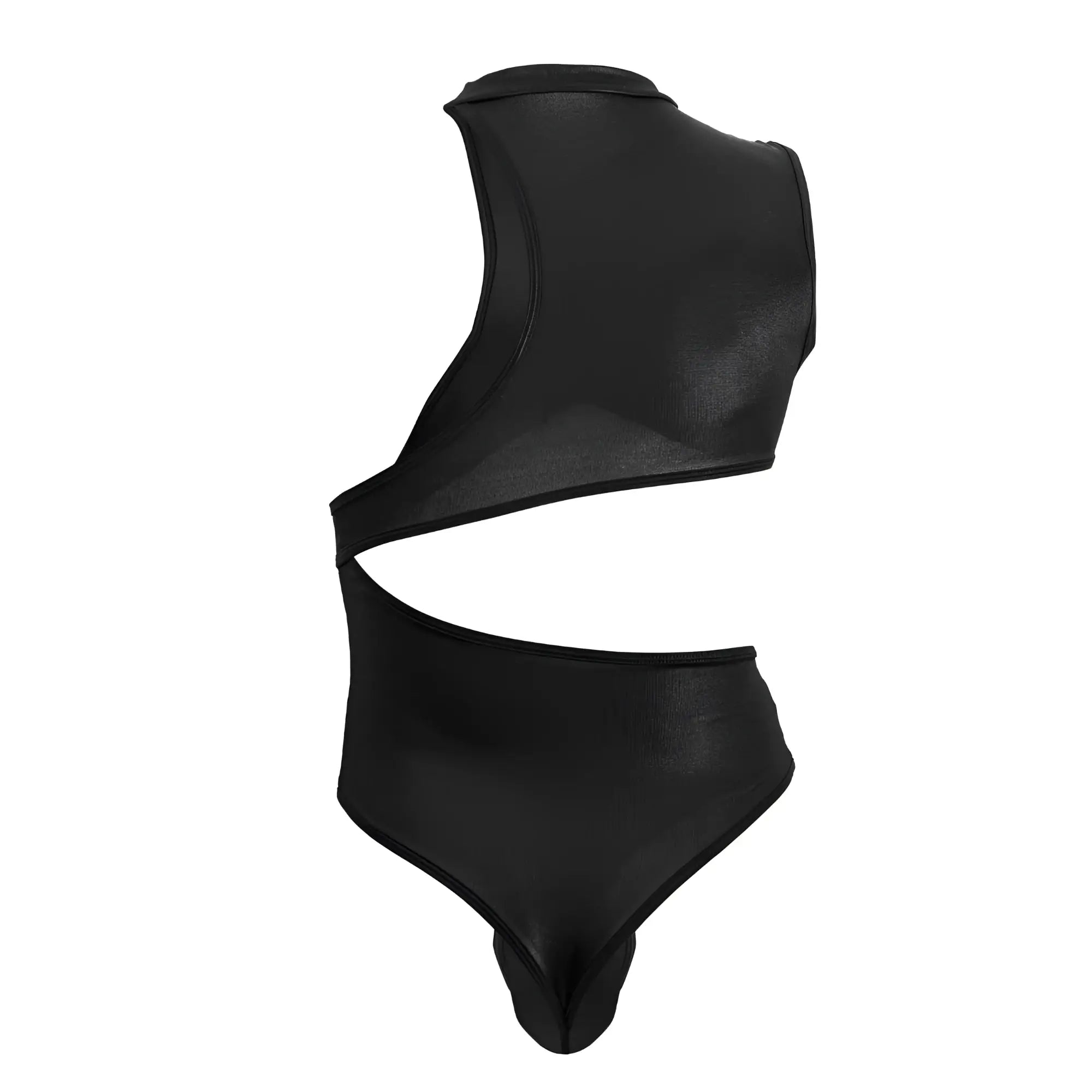 Black glossy latex CandyMan 99783 one shoulder bodysuit with high-cut leg and asymmetrical cutout design