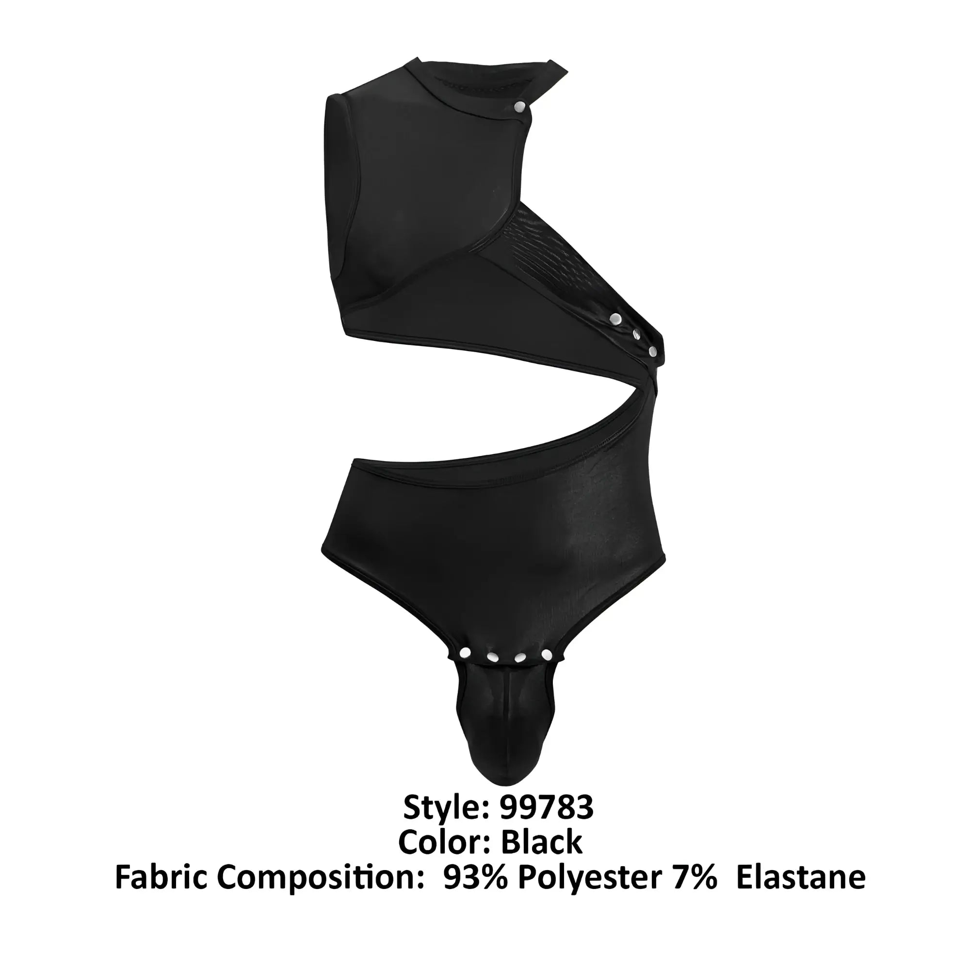 Black CandyMan 99783 one shoulder bodysuit with asymmetrical design button details and high-cut leg