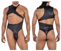 CandyMan 99783 black shiny latex one shoulder bodysuit with cut-out design and silver studs for bold fashion