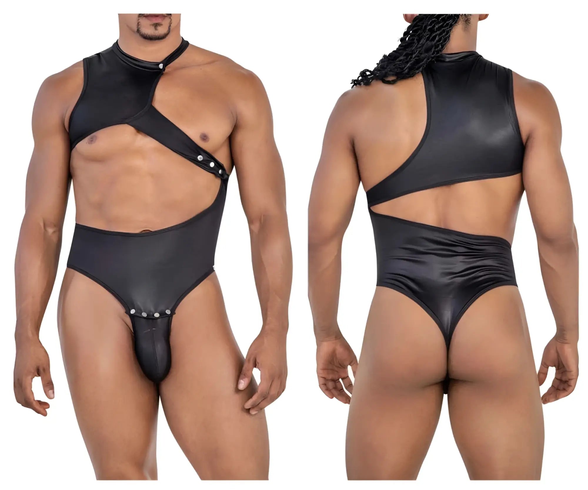 CandyMan 99783 black shiny latex one shoulder bodysuit with cut-out design and silver studs for bold fashion