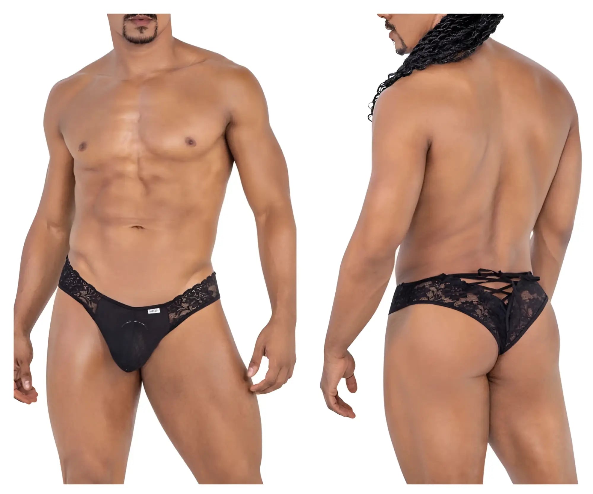 Black lace men’s briefs with back tie design showing the back side from candyman 99784 lace thongs in black