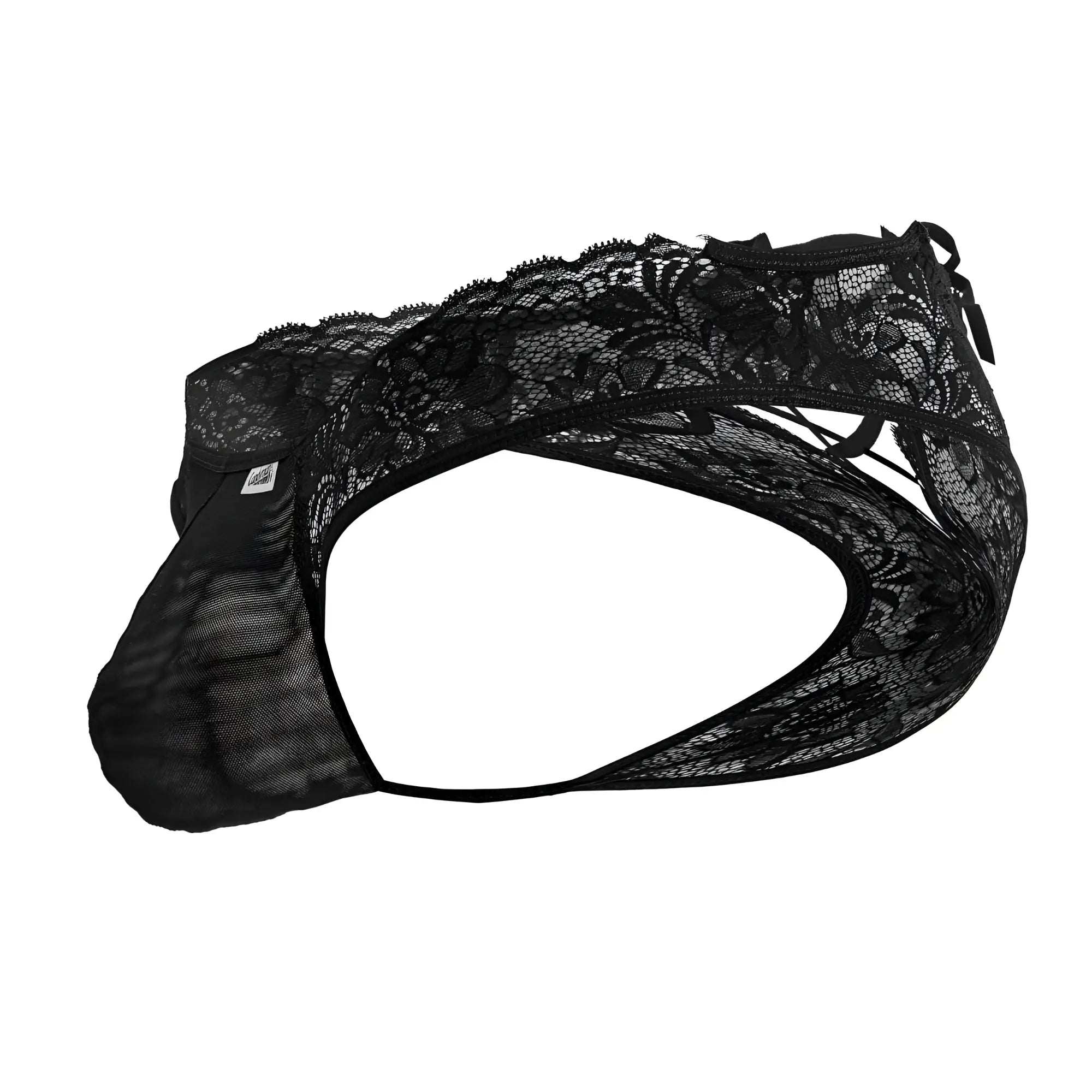CandyMan 99784 black lace men’s thong with mesh panel and side ties showing the front view