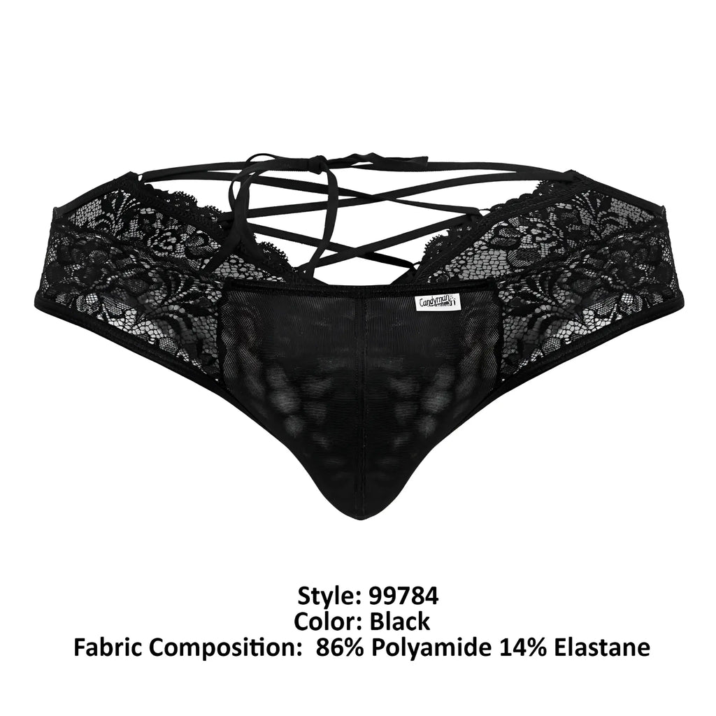 Black lace thong CandyMan 99784 with crisscross back ties and mesh panel showing back side details