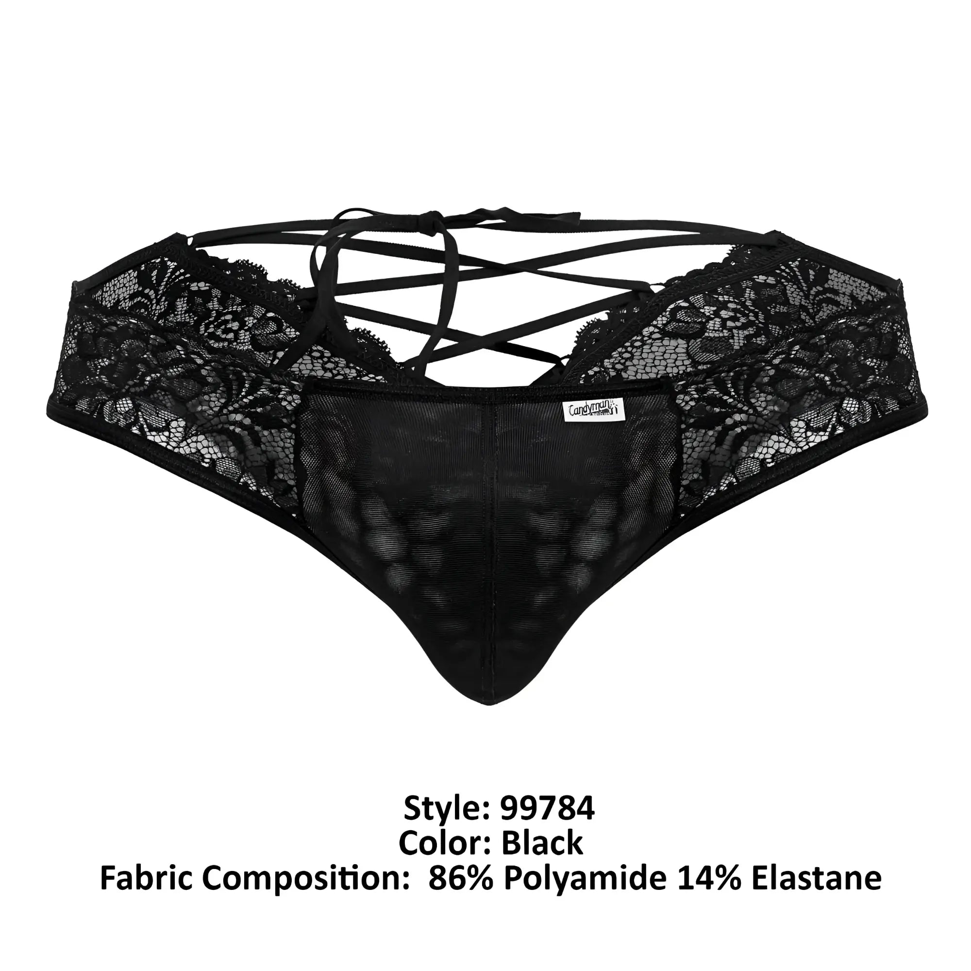 Black lace thong CandyMan 99784 with crisscross back ties and mesh panel showing back side details