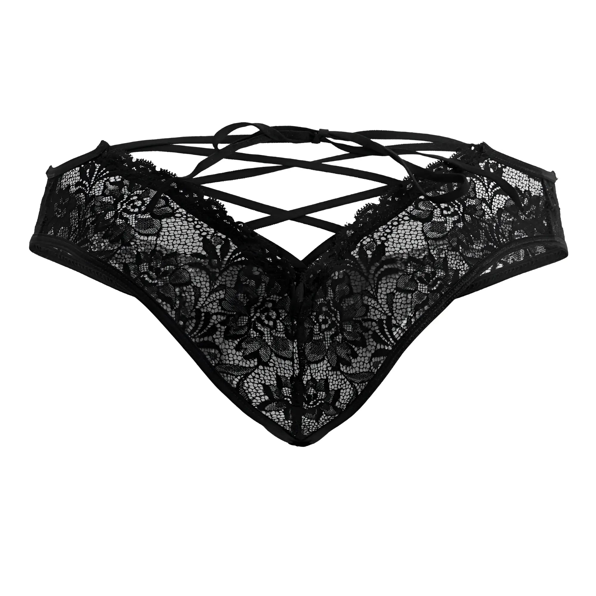 Black candyMan 99784 lace thong with intricate floral patterns and crisscrossing straps shown from the back