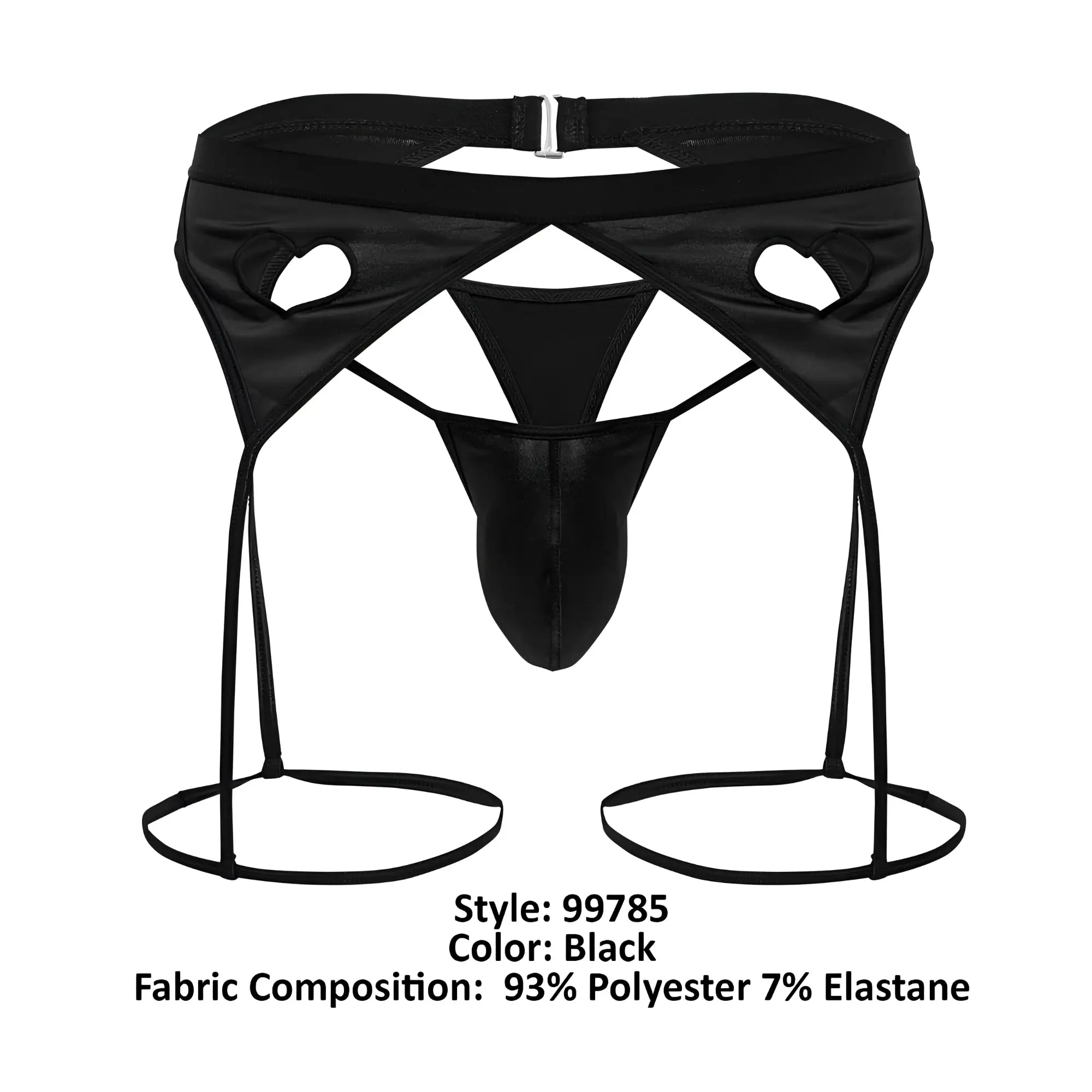 Black men’s thong candyMan 99785 garter outfit with high-waisted cut-out design and adjustable leg straps in black