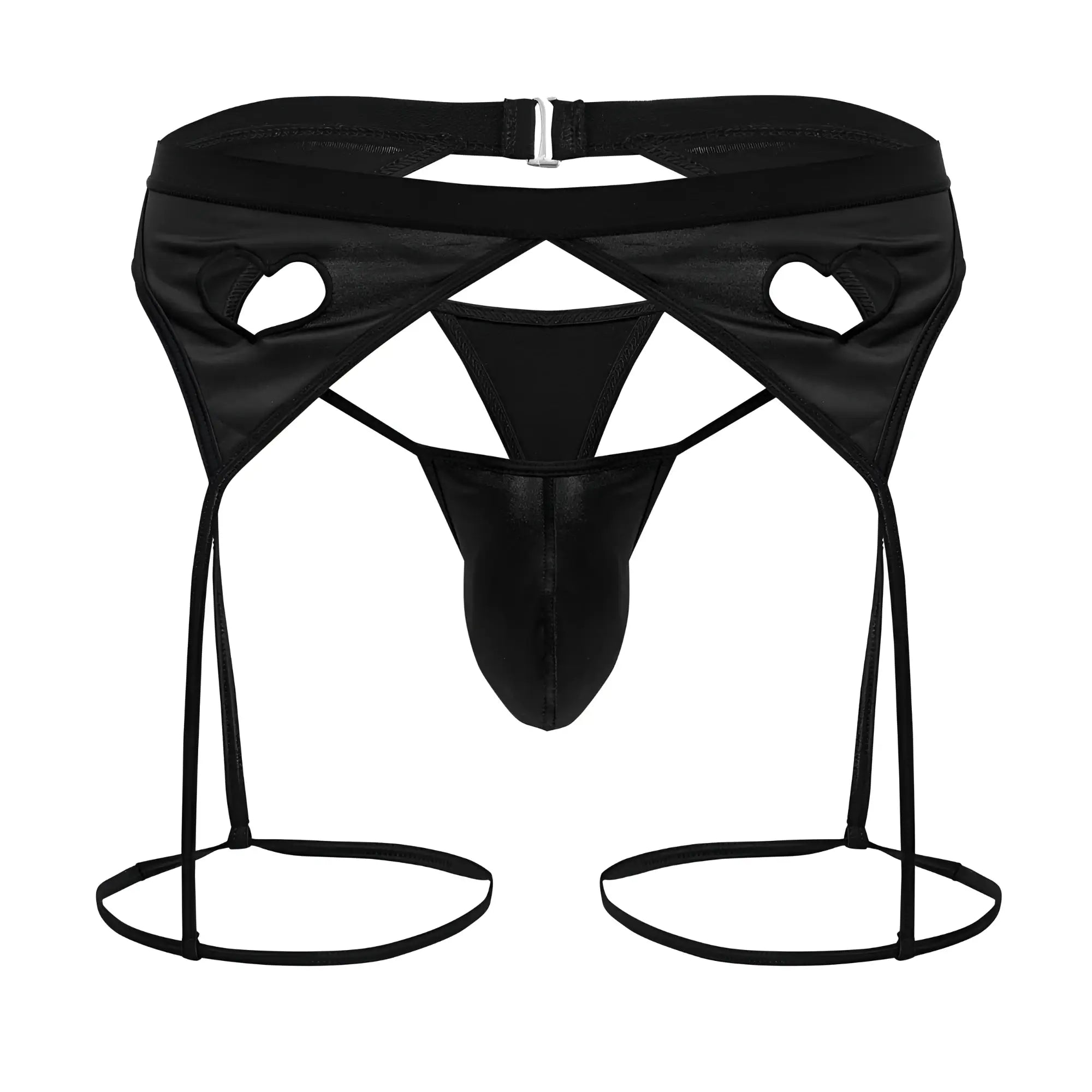 Black satin men’s garter belt by candyman 99785 with heart-shaped cutouts and adjustable straps