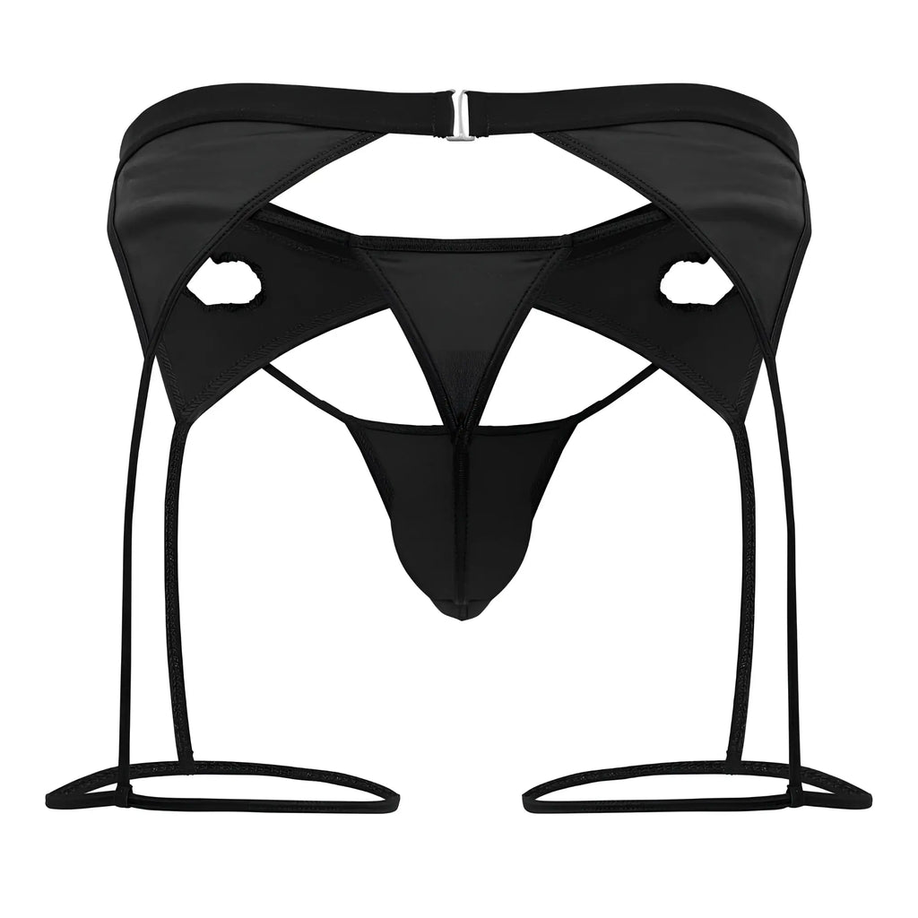 Black satin thong with garter straps and silver buckle from candyman 99785 garter outfit in black visible from the back