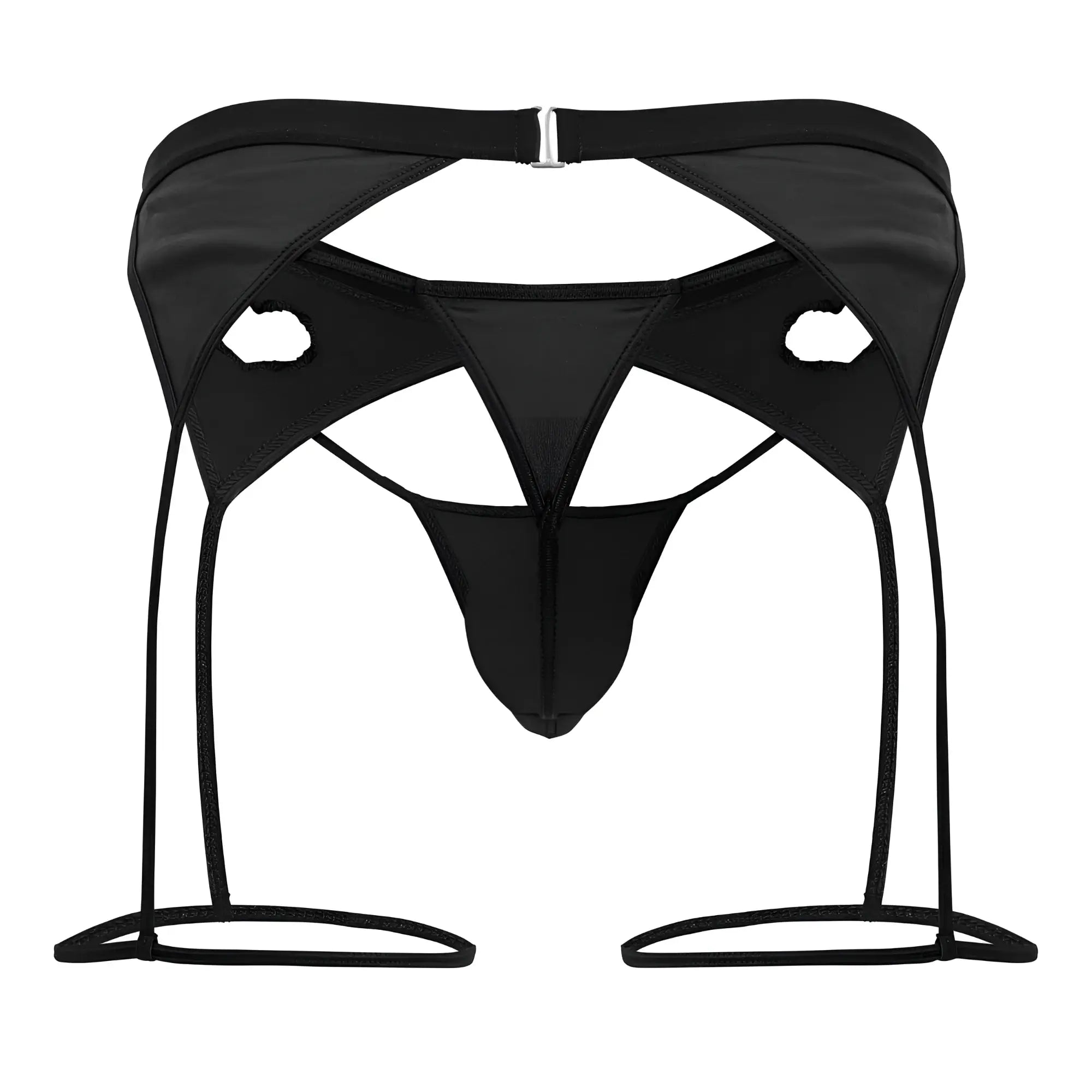 Black satin thong with garter straps and silver buckle from candyman 99785 garter outfit in black visible from the back