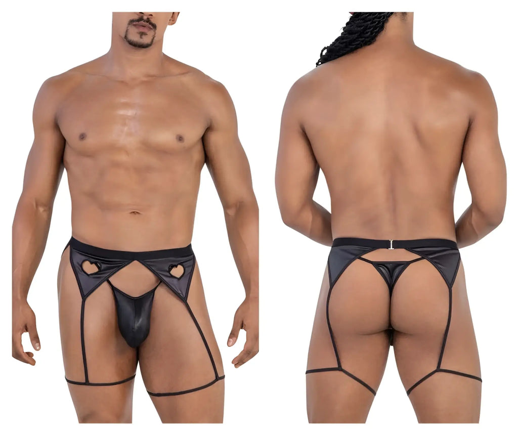 CandyMan 99785 black shiny faux leather thong with heart-shaped cutouts and matching garter leg straps