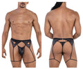 CandyMan 99785 black shiny faux leather thong with heart-shaped cutouts and matching garter leg straps
