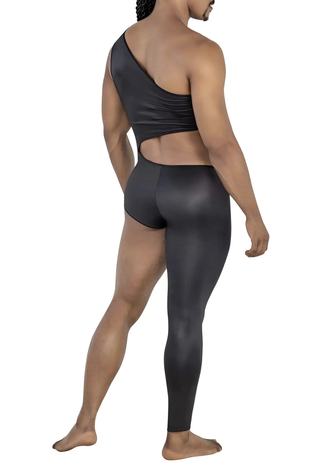 CandyMan 99786 black one shoulder bodysuit with cutout back and matching high waisted shiny stretchy leggings back view