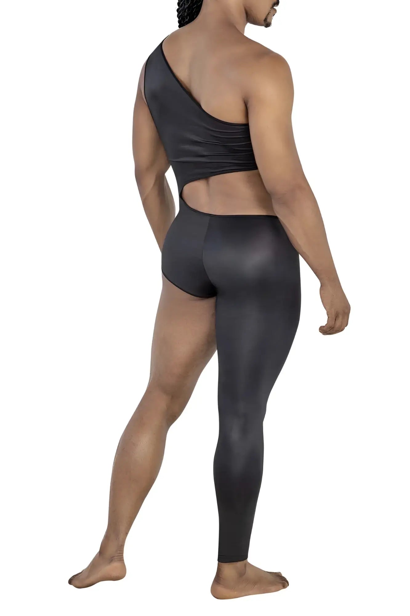 CandyMan 99786 black one shoulder bodysuit with cutout back and matching high waisted shiny stretchy leggings back view