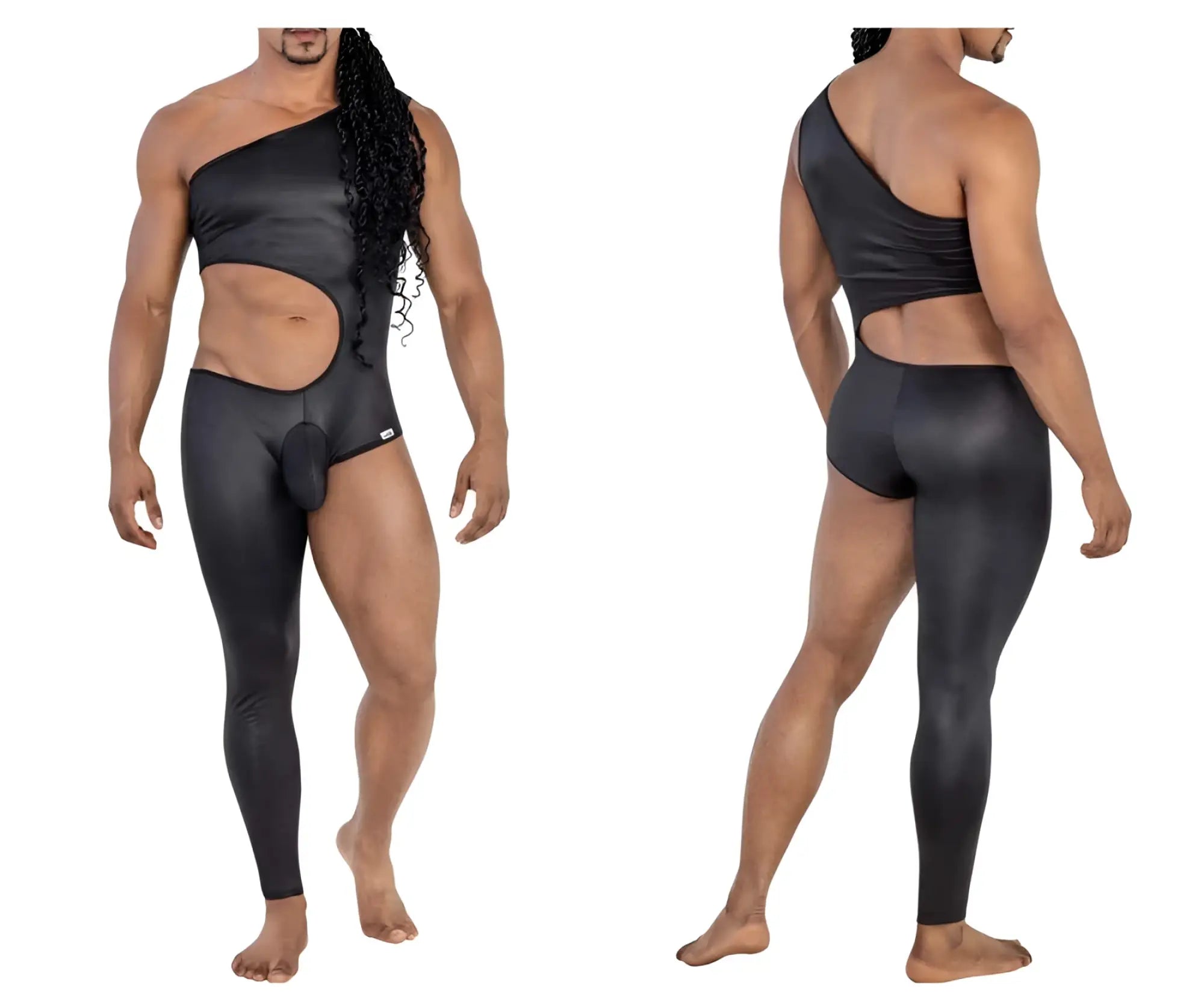 Black CandyMan 99786 one shoulder one leg bodysuit with side cutout and matching leggings in form-fitting fabric
