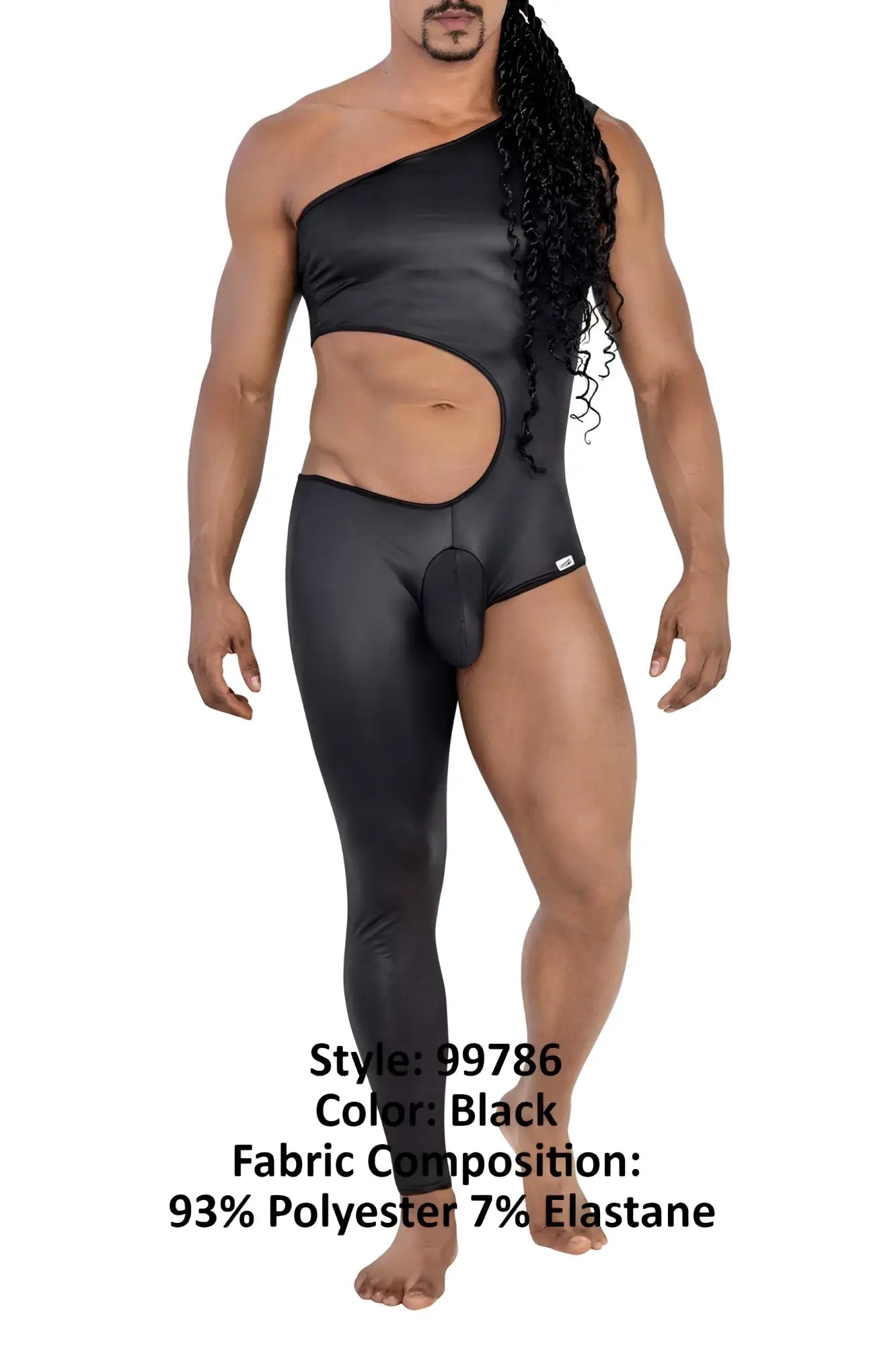 Black candyman 99786 one shoulder one leg bodysuit with side cutout and molded pouch made of polyester elastane