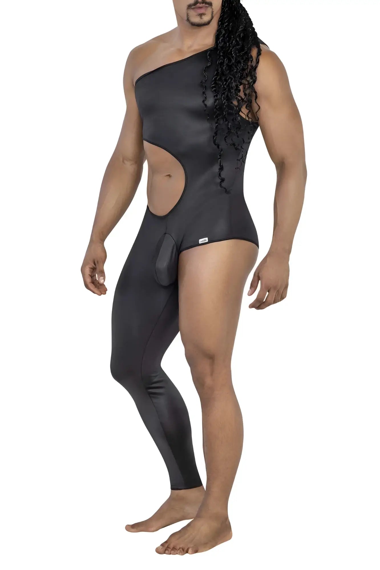 Black CandyMan 99786 one shoulder bodysuit with side cutout and pouch detail perfect for stylish wear