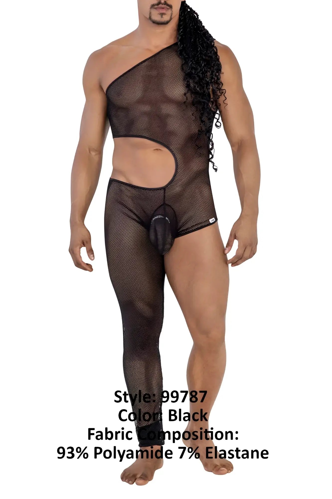 Black CandyMan 99787 one shoulder mesh bodysuit with side cutout and integrated pouch for stylish wear