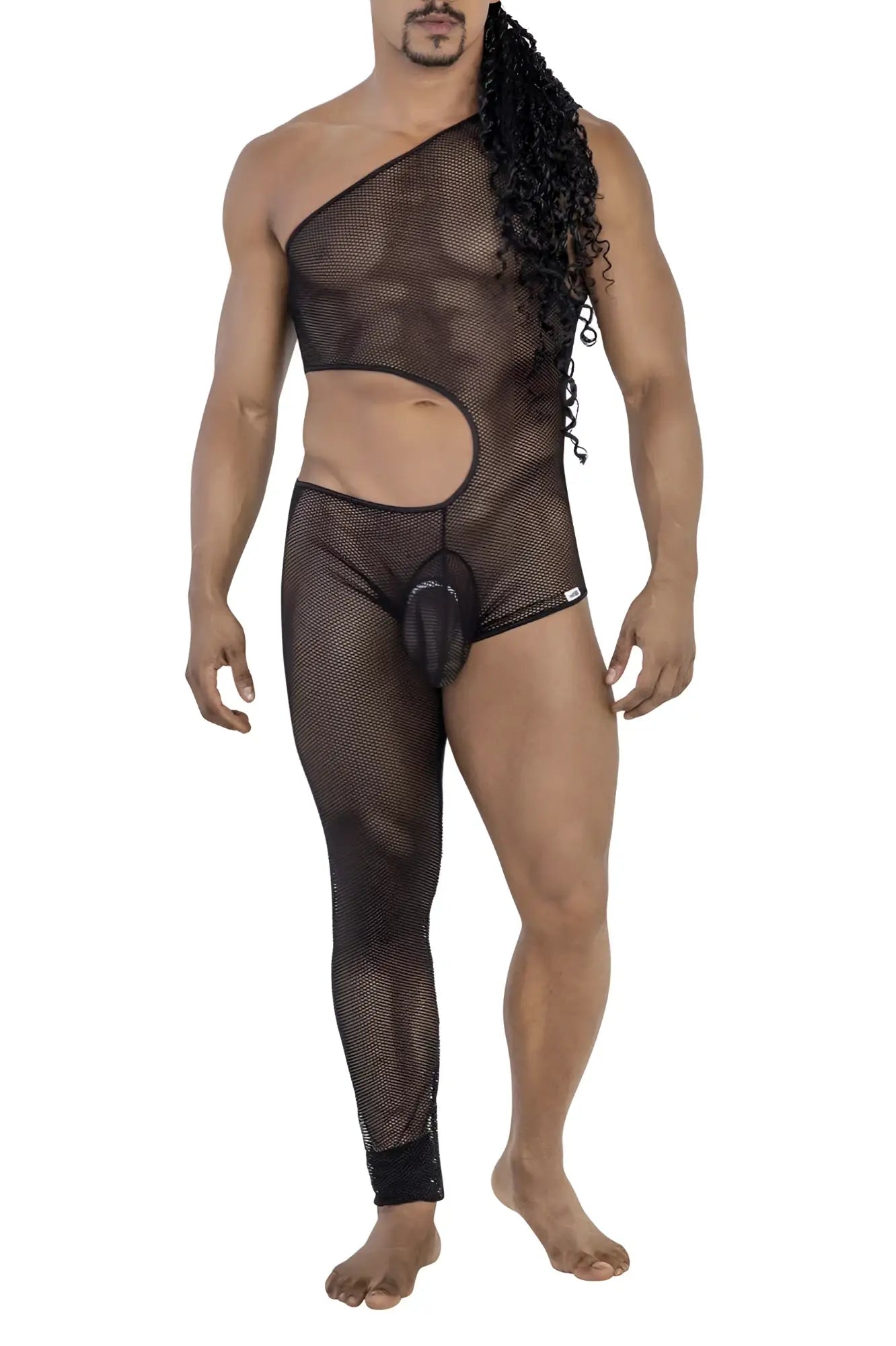 Black candyMan 99787 one shoulder one leg mesh bodysuit with cutout design and sequined cuffs