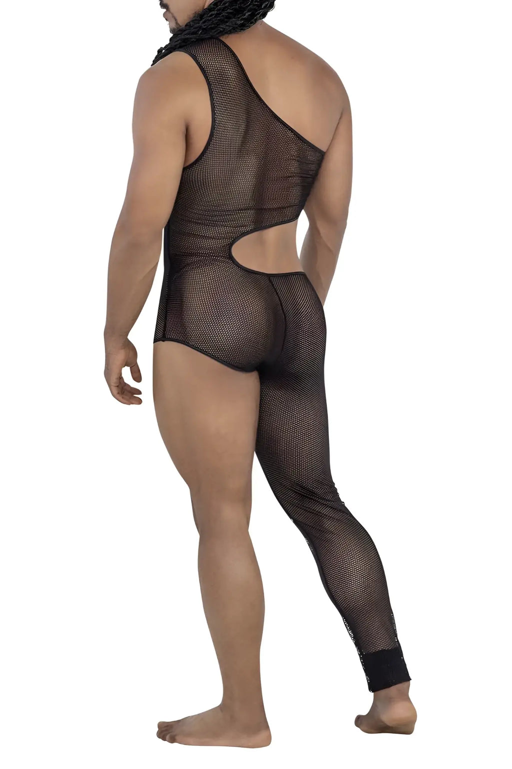 Back view of candyman 99787 black one shoulder one leg bodysuit in black mesh with cutout and solid black cuffs