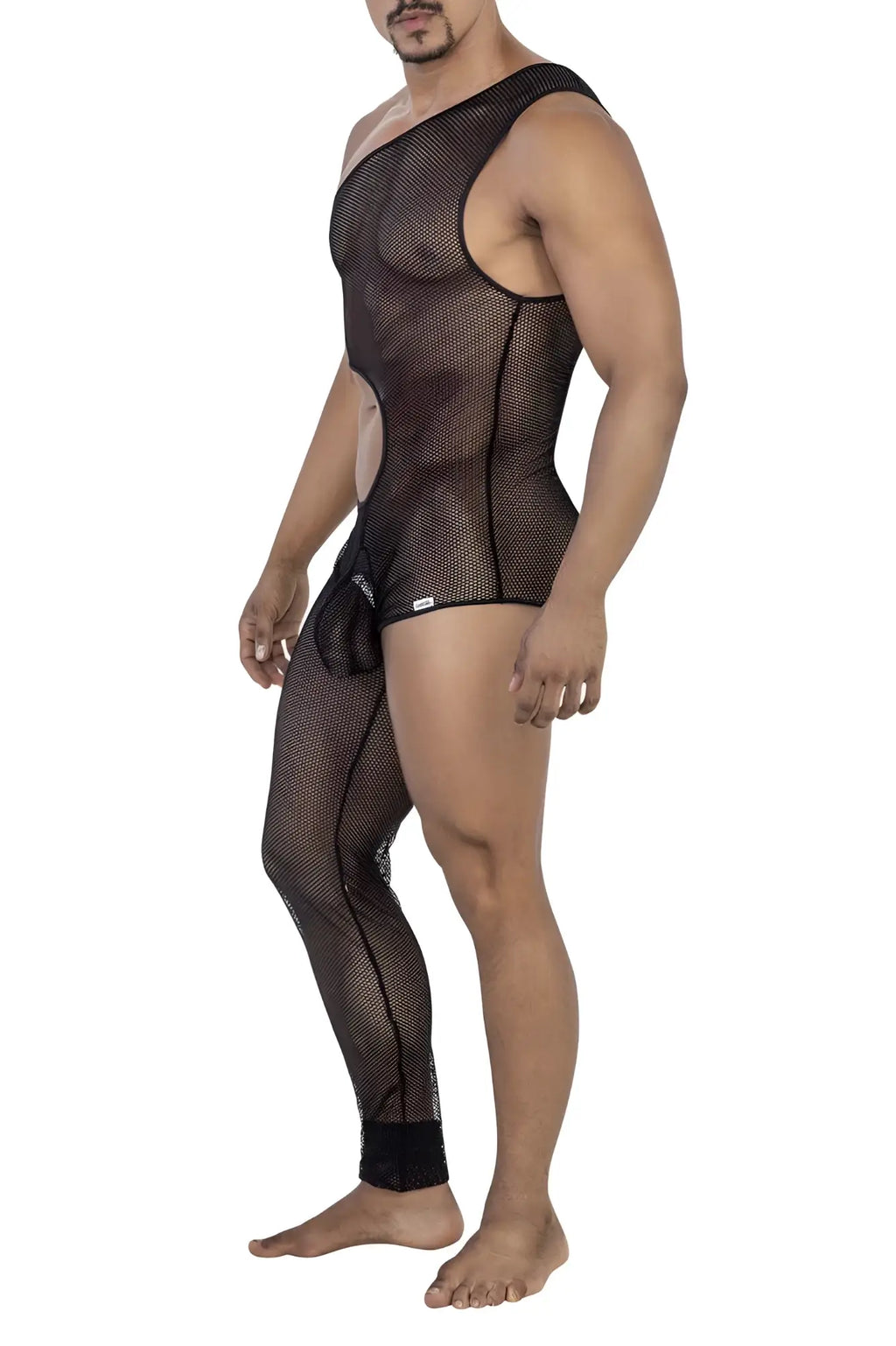 Black mesh one-piece bodysuit candy man 99787 with one shoulder strap and side cutouts in black color