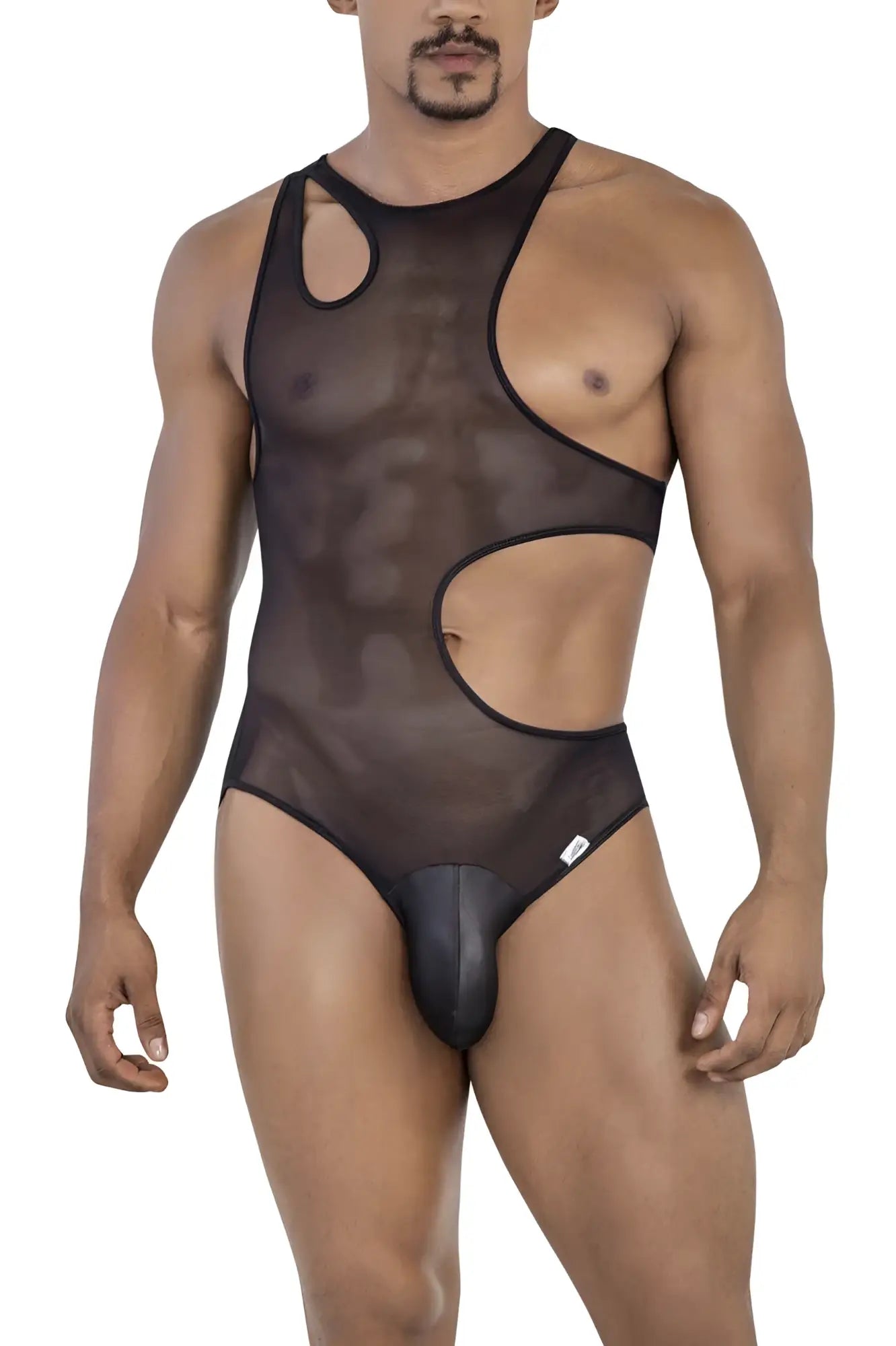 Black CandyMan 99788 sheer mesh bodysuit with bold cutout design and solid black briefs front view