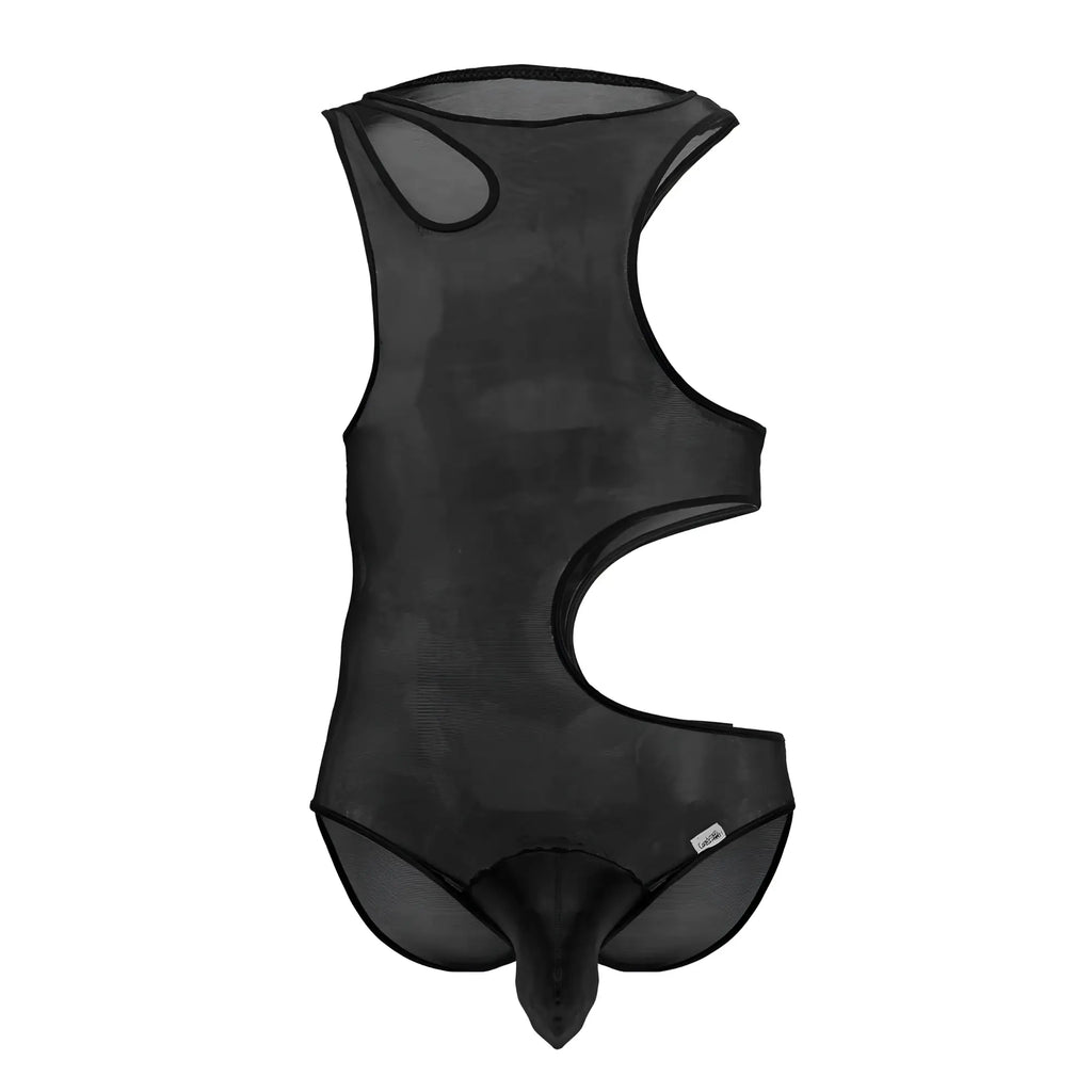 Black sheer mesh bodysuit candyman 99788 with cut-out design and see-through material in black color