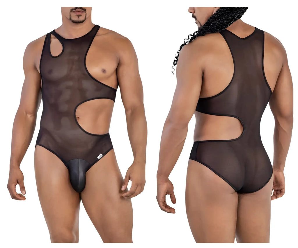 Black CandyMan 99788 mesh bodysuit one-piece with sheer cutouts and solid brief-style bottom