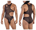 Black CandyMan 99788 mesh bodysuit one-piece with sheer cutouts and solid brief-style bottom