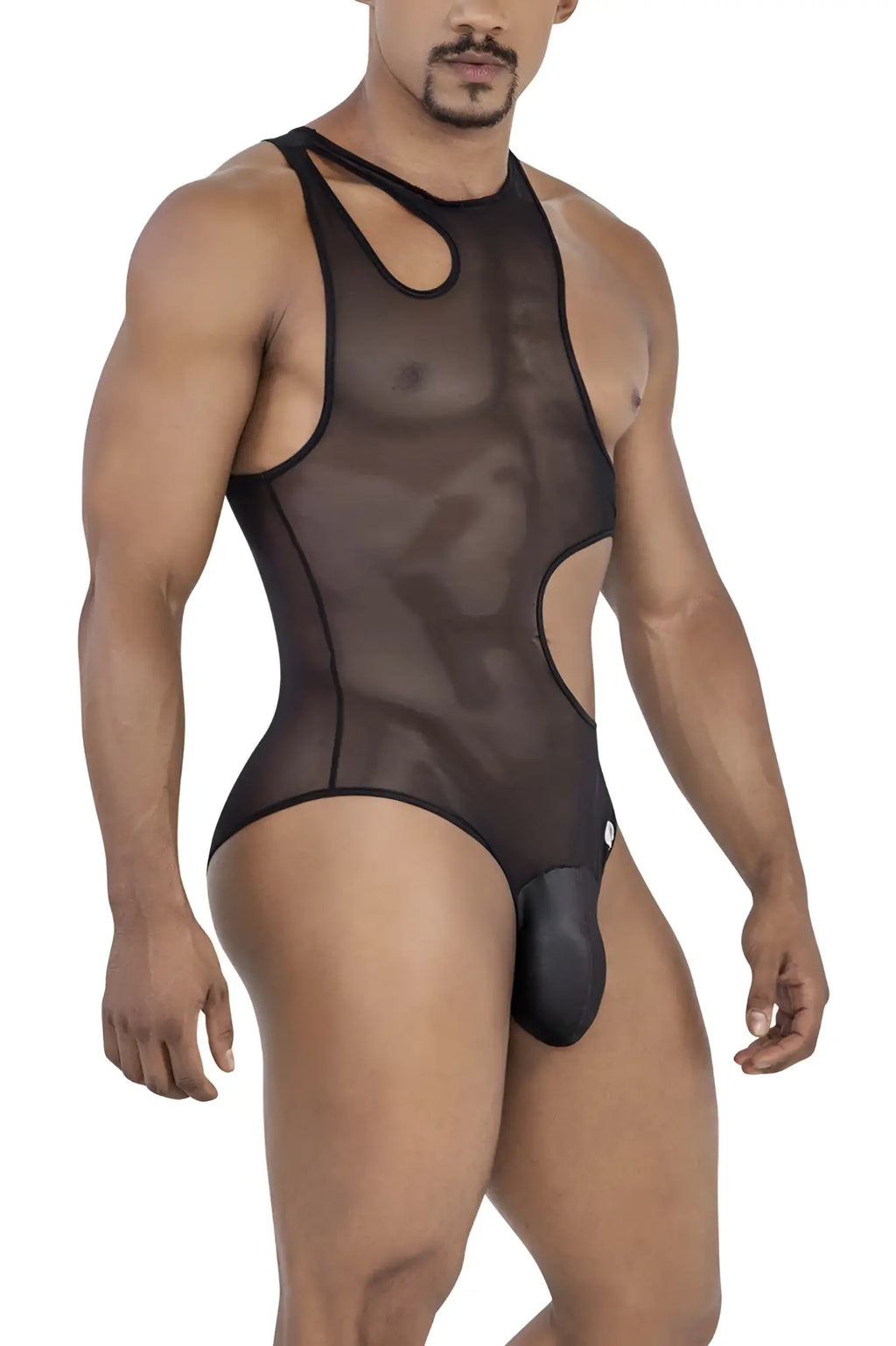 CandyMan 99788 black one-piece bodysuit featuring sheer mesh with cutout details and a solid pouch front