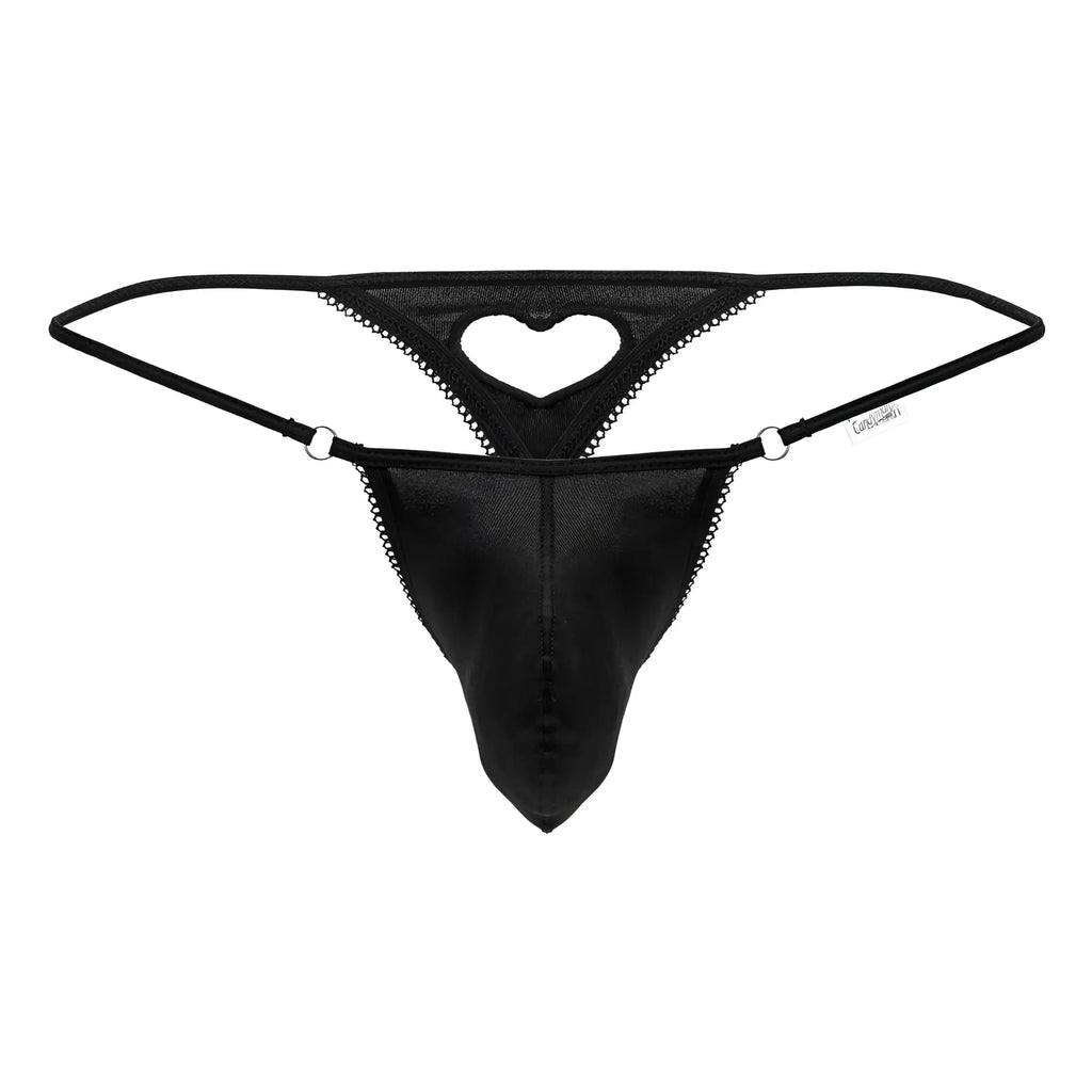 Black mesh thong candyMan 99789 with heart-shaped cutout and lace trim front view