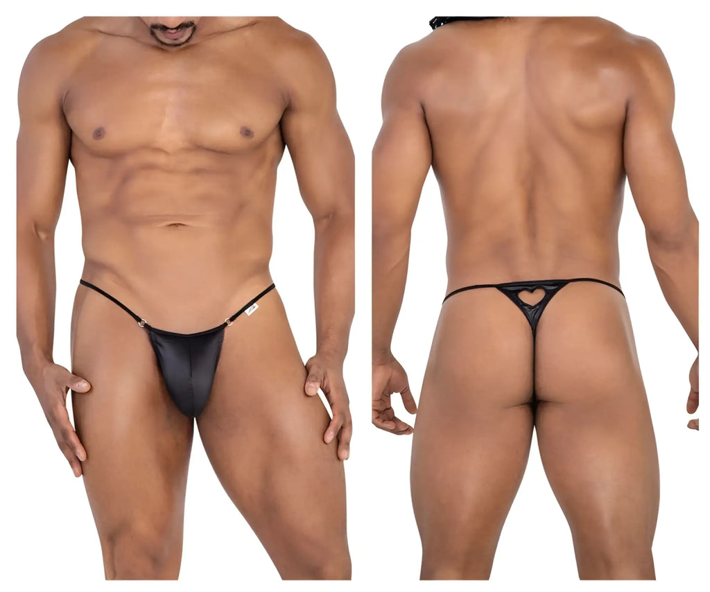 Black candyMan 99789 thong with heart-shaped cutout back and thin adjustable straps for intimate wear