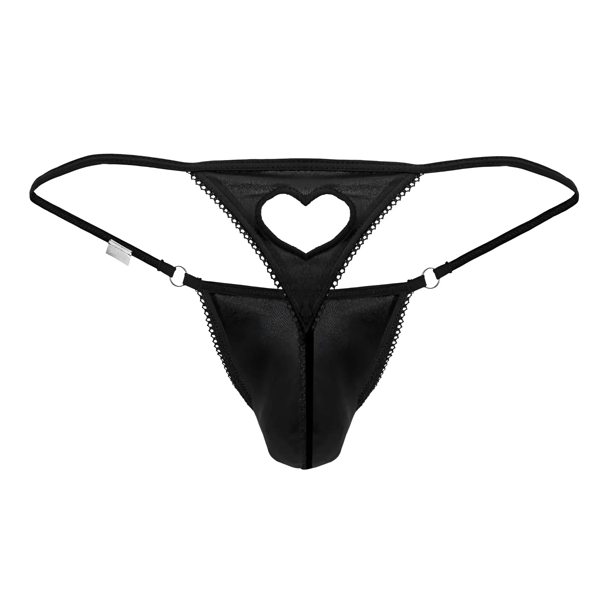 Black CandyMan 99789 thong with heart-shaped cutout and lace trim showing the back side of the product