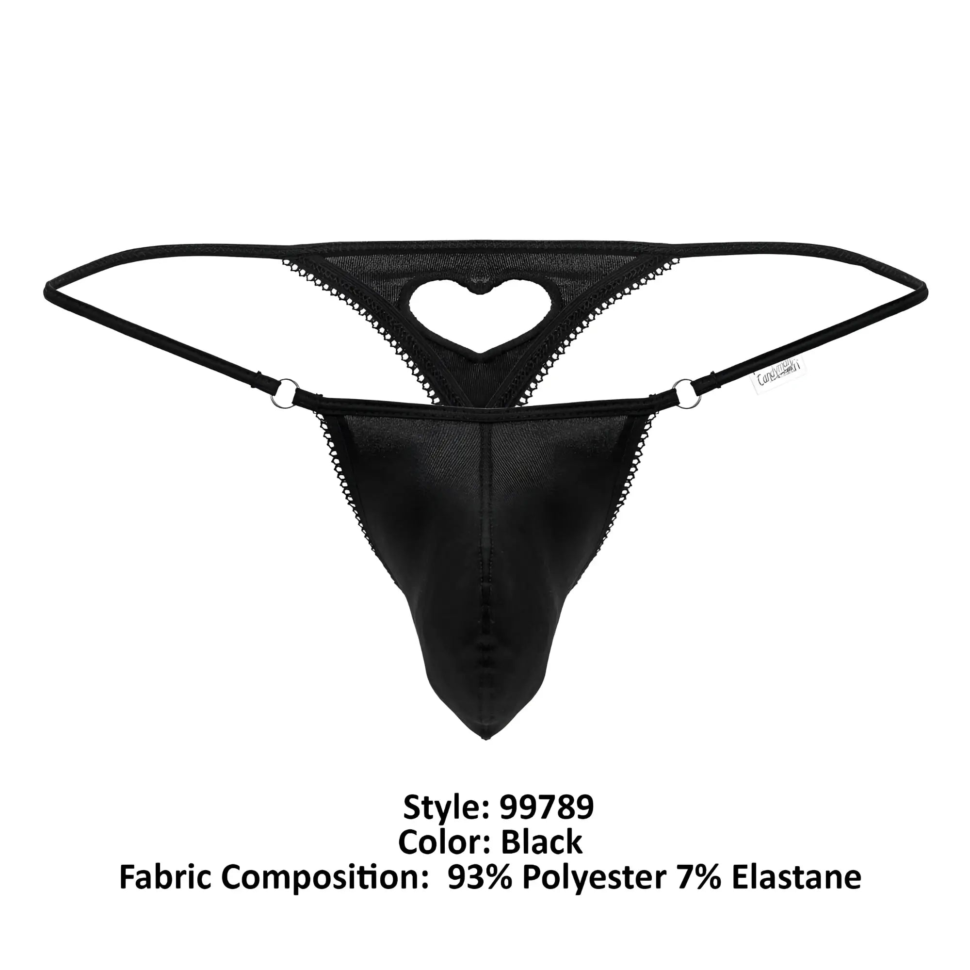 Black candyMan 99789 heart thong with lace trim and heart-shaped cutout showing front side design