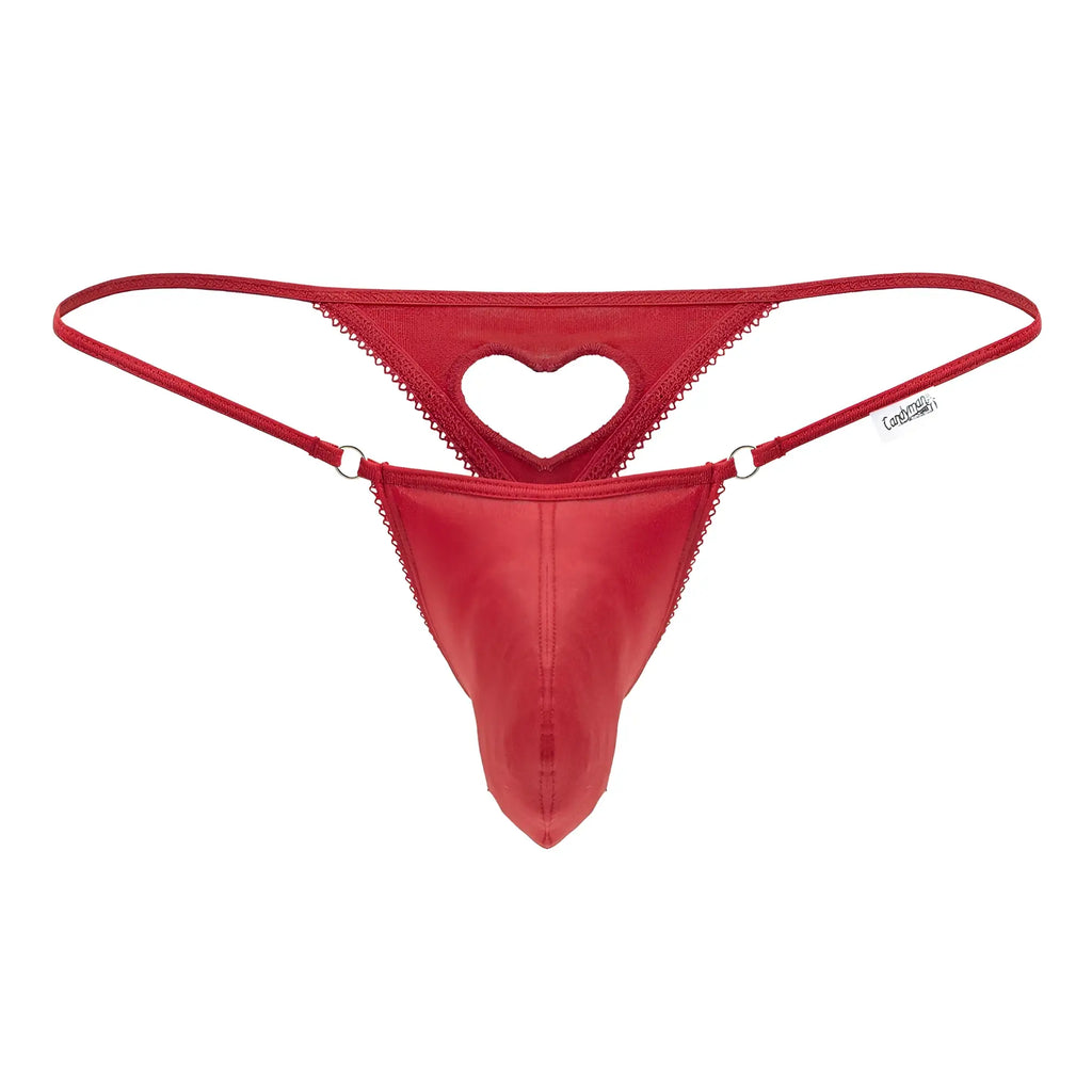 Red heart-cut thong CandyMan 99789 made of smooth satin with scalloped edges and thin adjustable straps in red