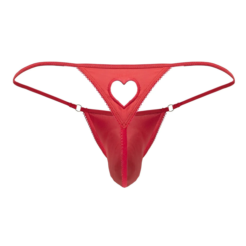 Red heart-cut thong from candyman 99789 made of smooth satin fabric with delicate lace trim in red color