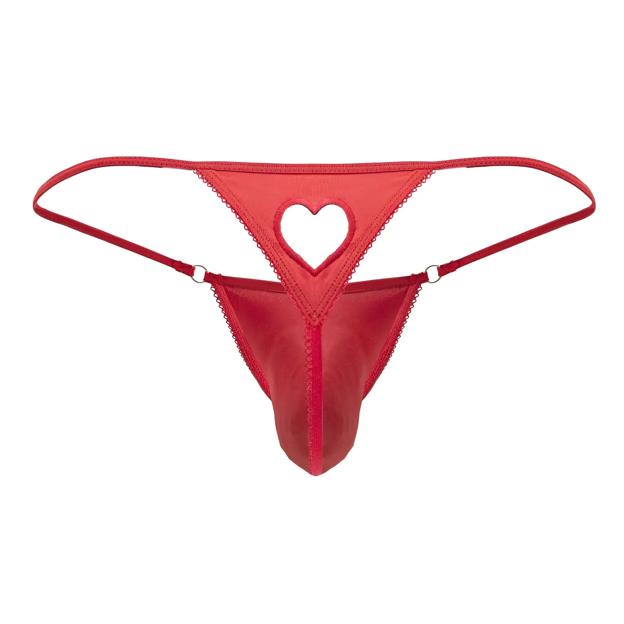 Red heart-cut thong from candyman 99789 made of smooth satin fabric with delicate lace trim in red color