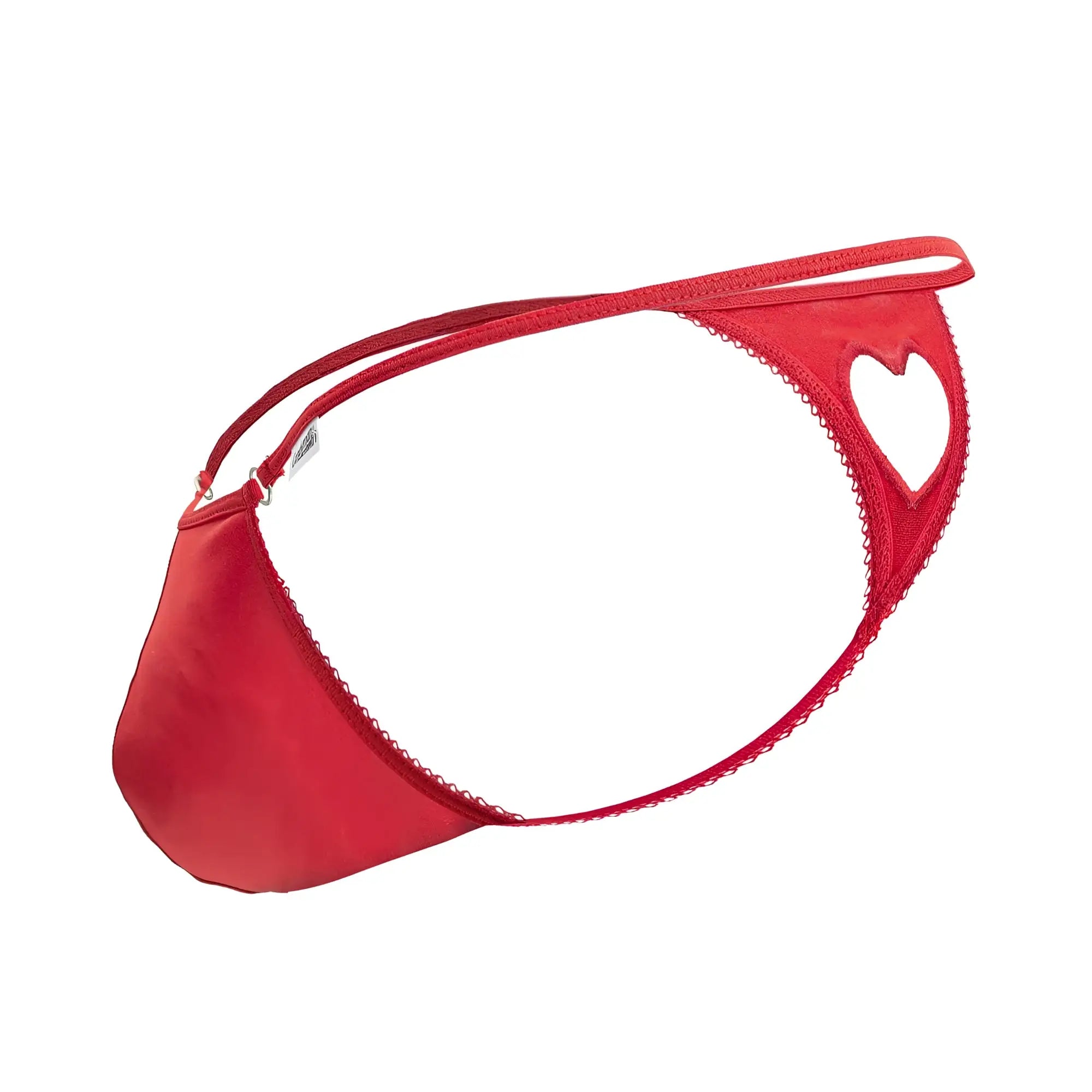 Red satin CandyMan 99789 heart thong featuring a heart-shaped cutout and scalloped edge detailing