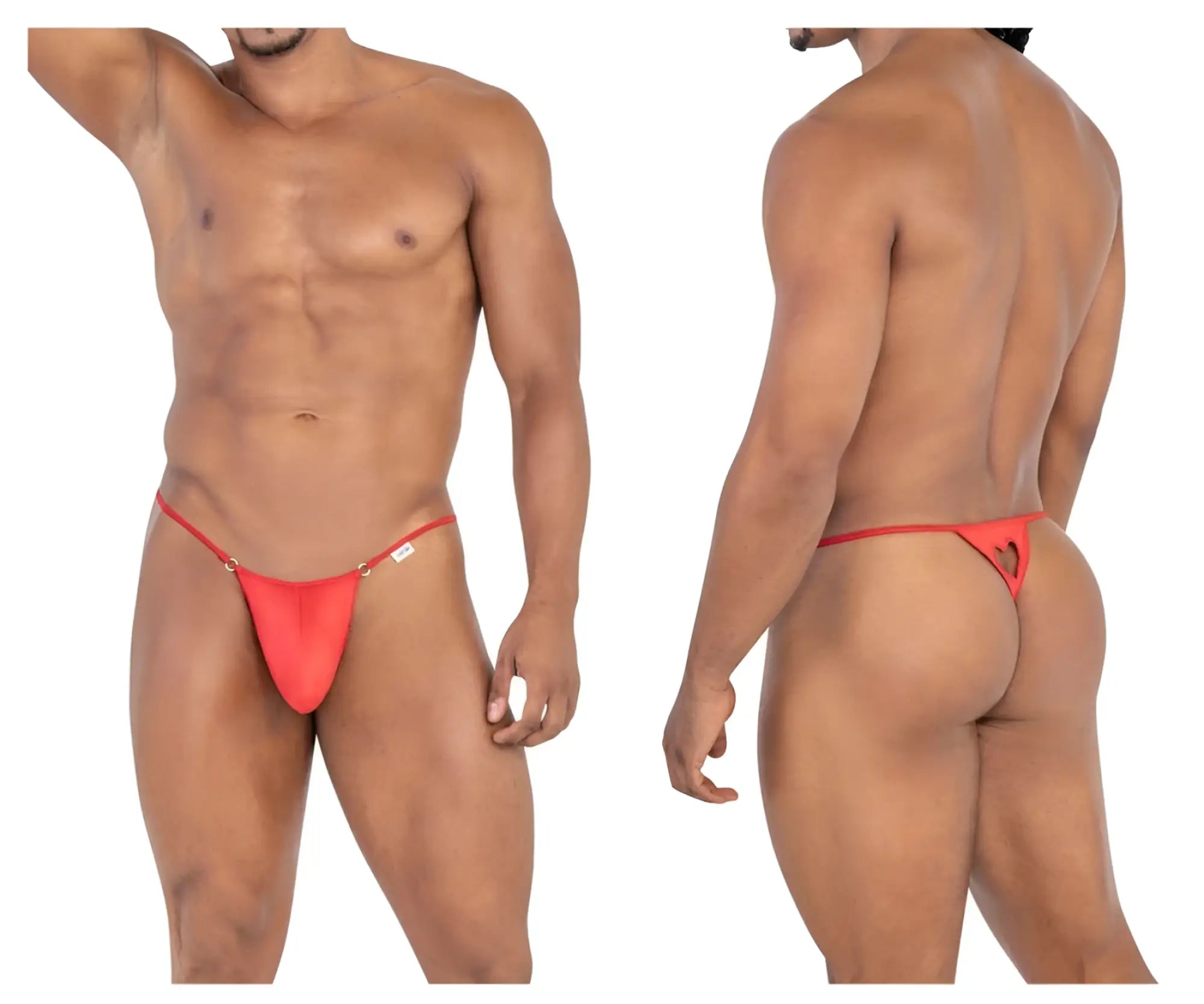 Red candyMan 99789 heart thong showing back with heart-shaped cutout and thin adjustable straps
