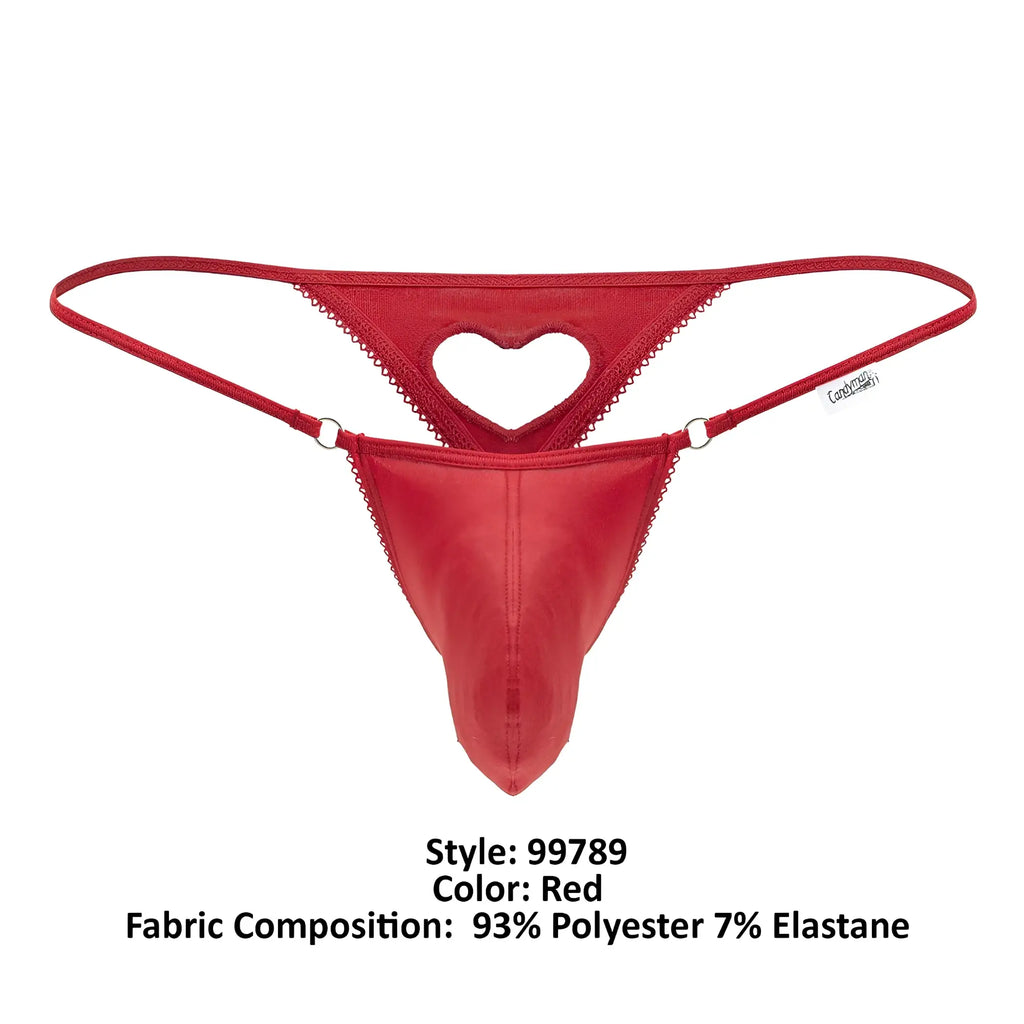 Red thong candyMan 99789 with heart-shaped cutout scalloped edges made from 93 polyester 7 elastane